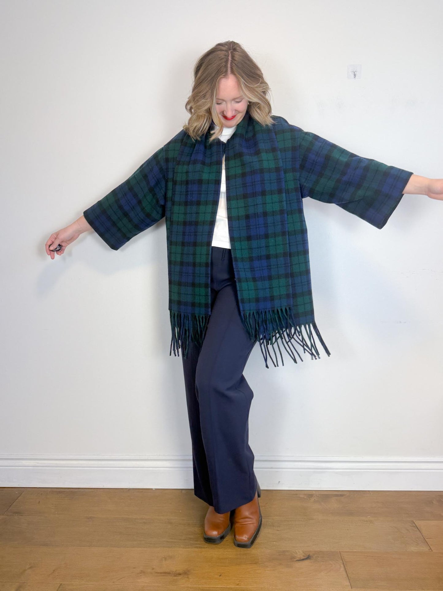 Vintage Plaid Wool Coat with Attached Scarf & Fringe (Size L)