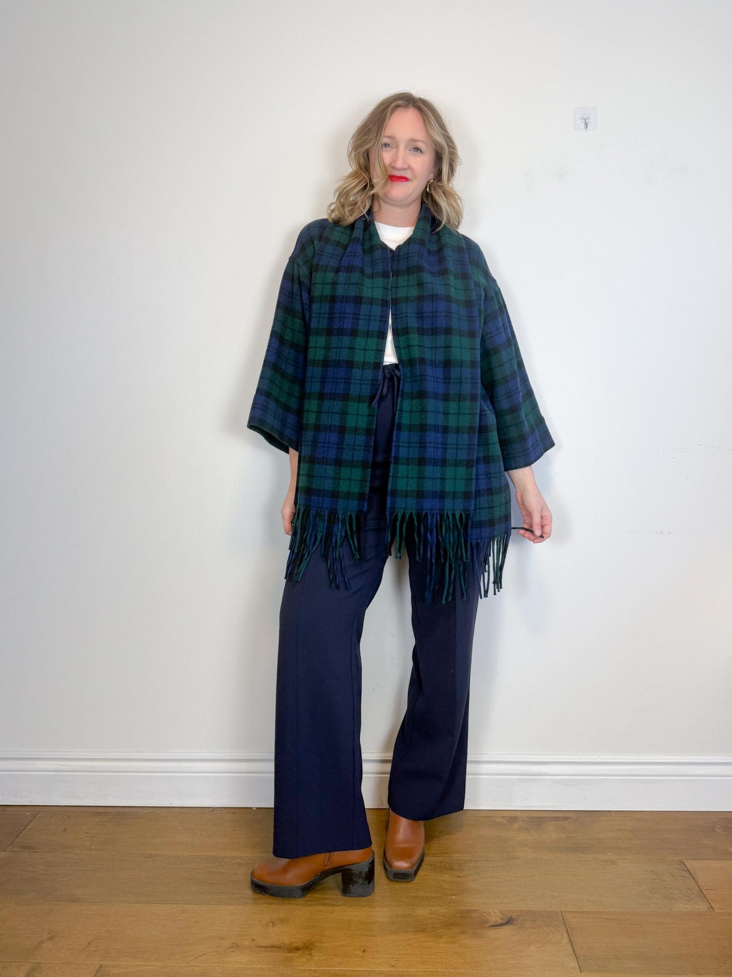 Vintage Plaid Wool Coat with Attached Scarf & Fringe (Size L)