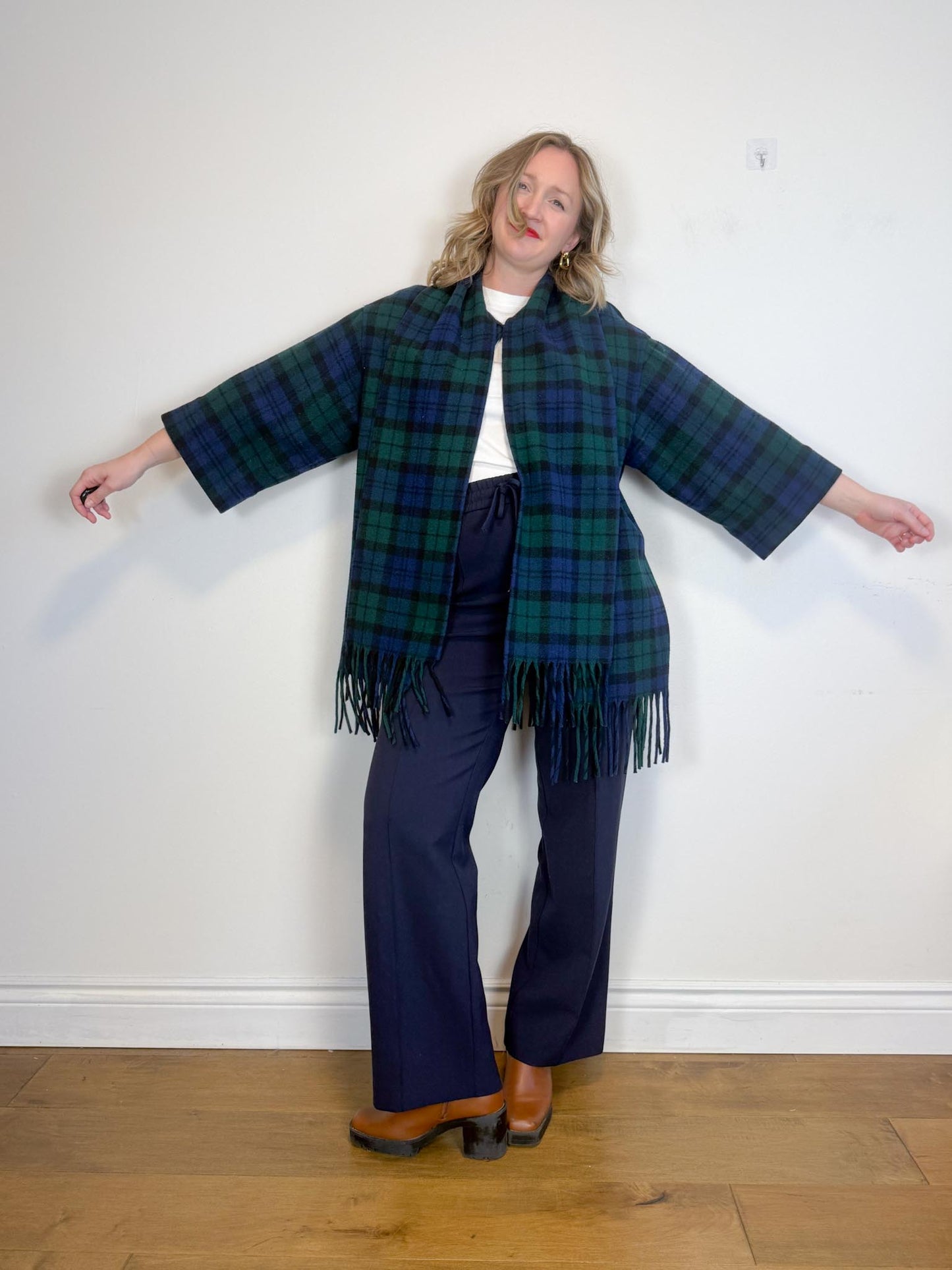 Vintage Plaid Wool Coat with Attached Scarf & Fringe (Size L)