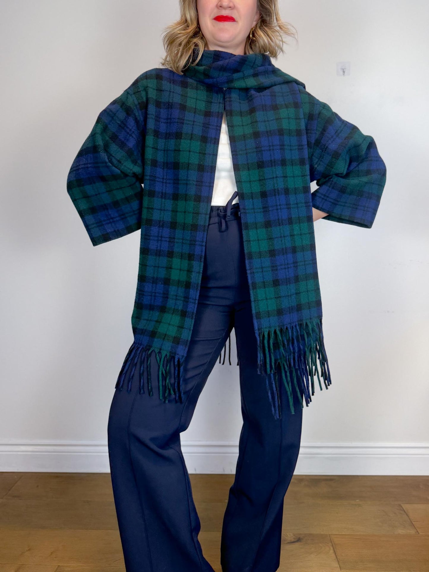 Vintage Plaid Wool Coat with Attached Scarf & Fringe (Size L)