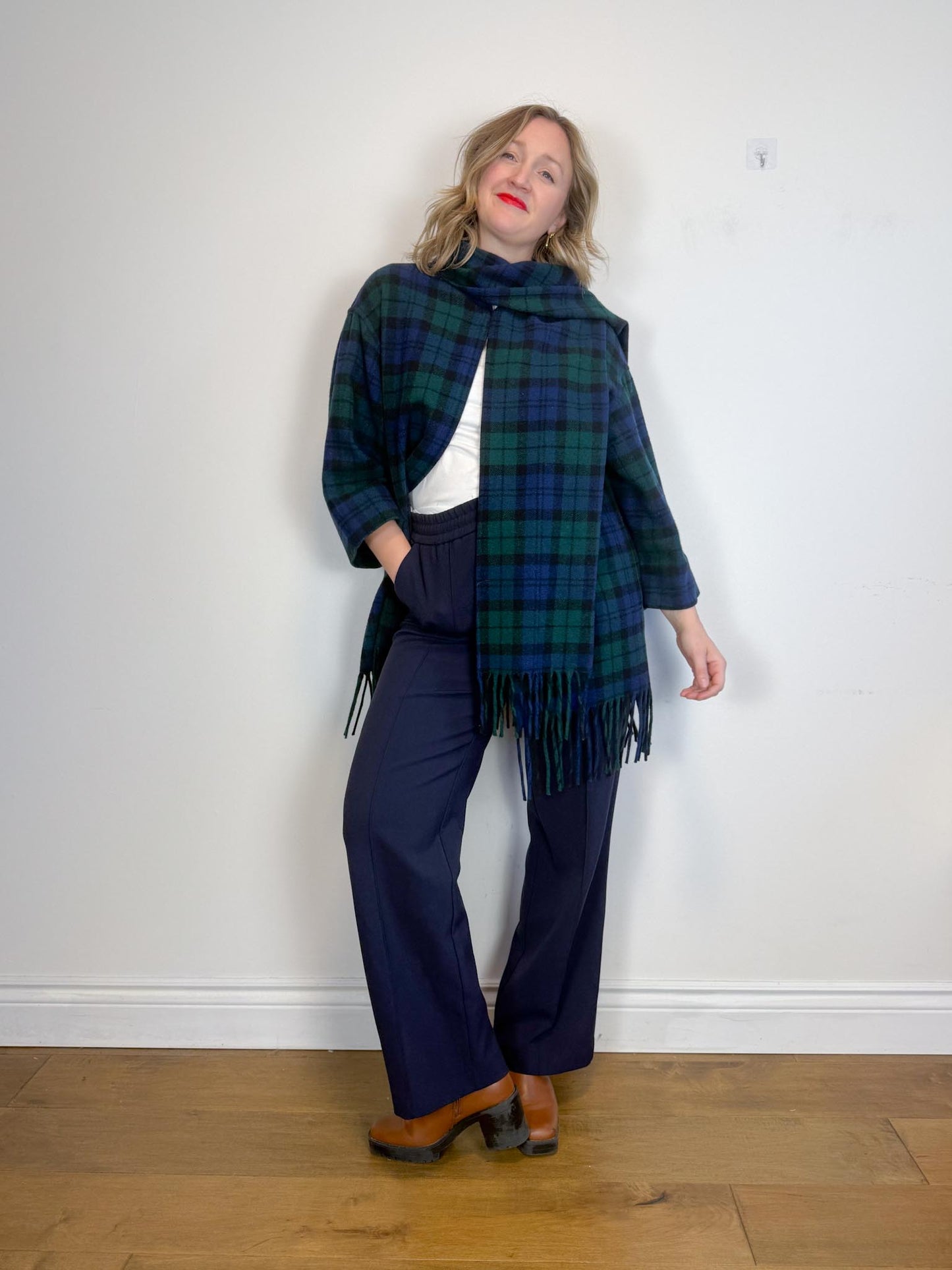 Vintage Plaid Wool Coat with Attached Scarf & Fringe (Size L)