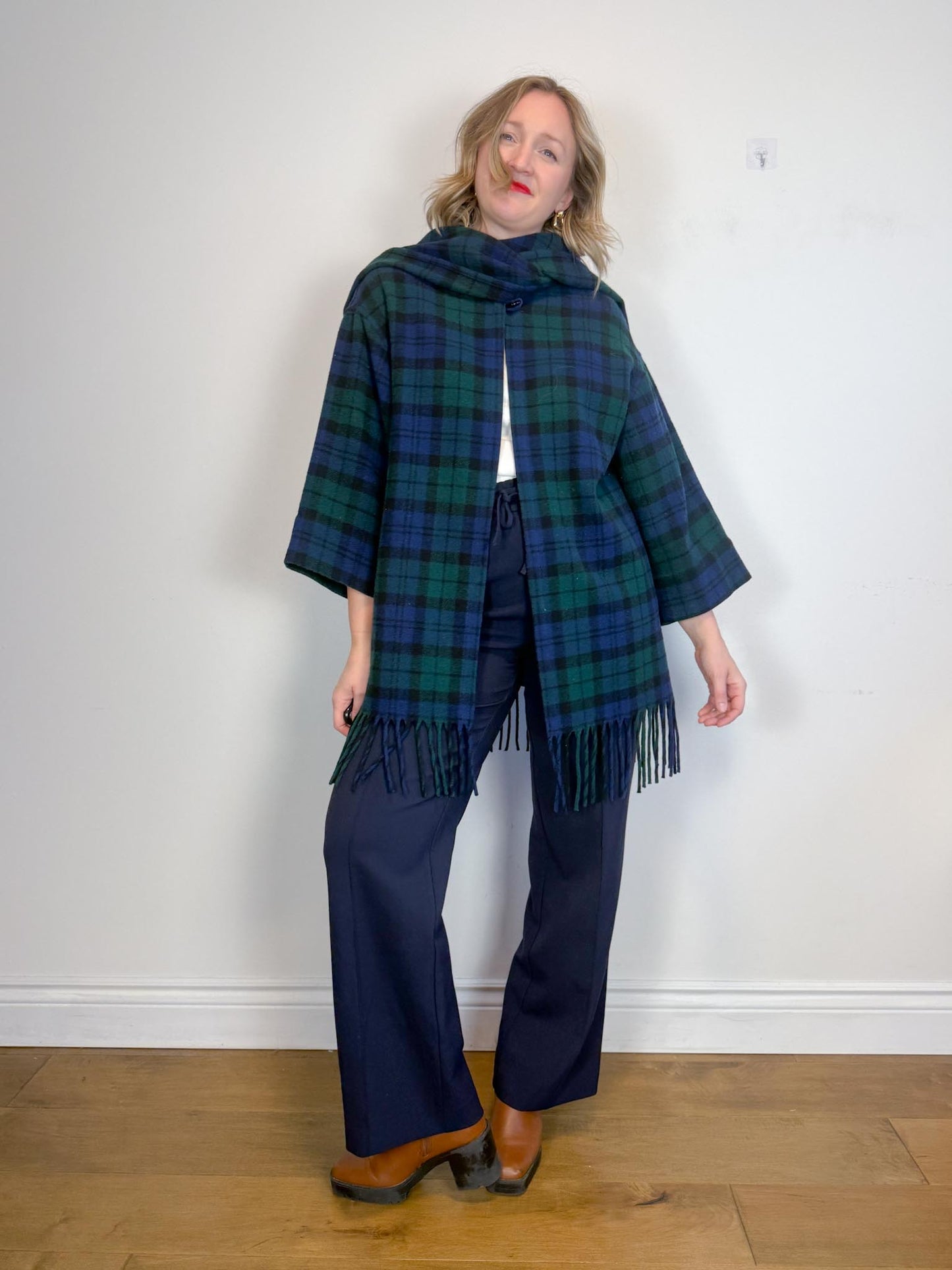 Vintage Plaid Wool Coat with Attached Scarf & Fringe (Size L)