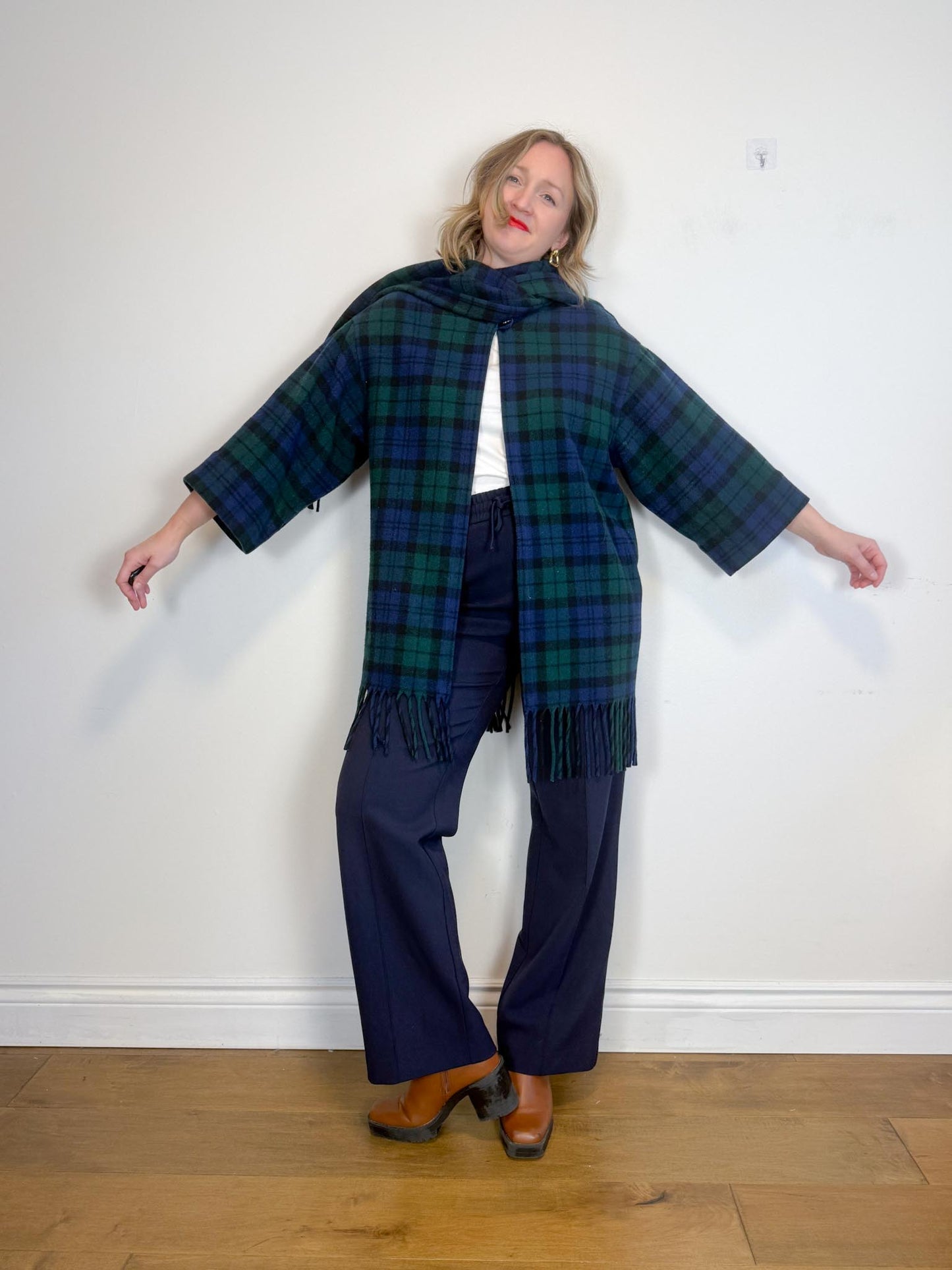 Vintage Plaid Wool Coat with Attached Scarf & Fringe (Size L)