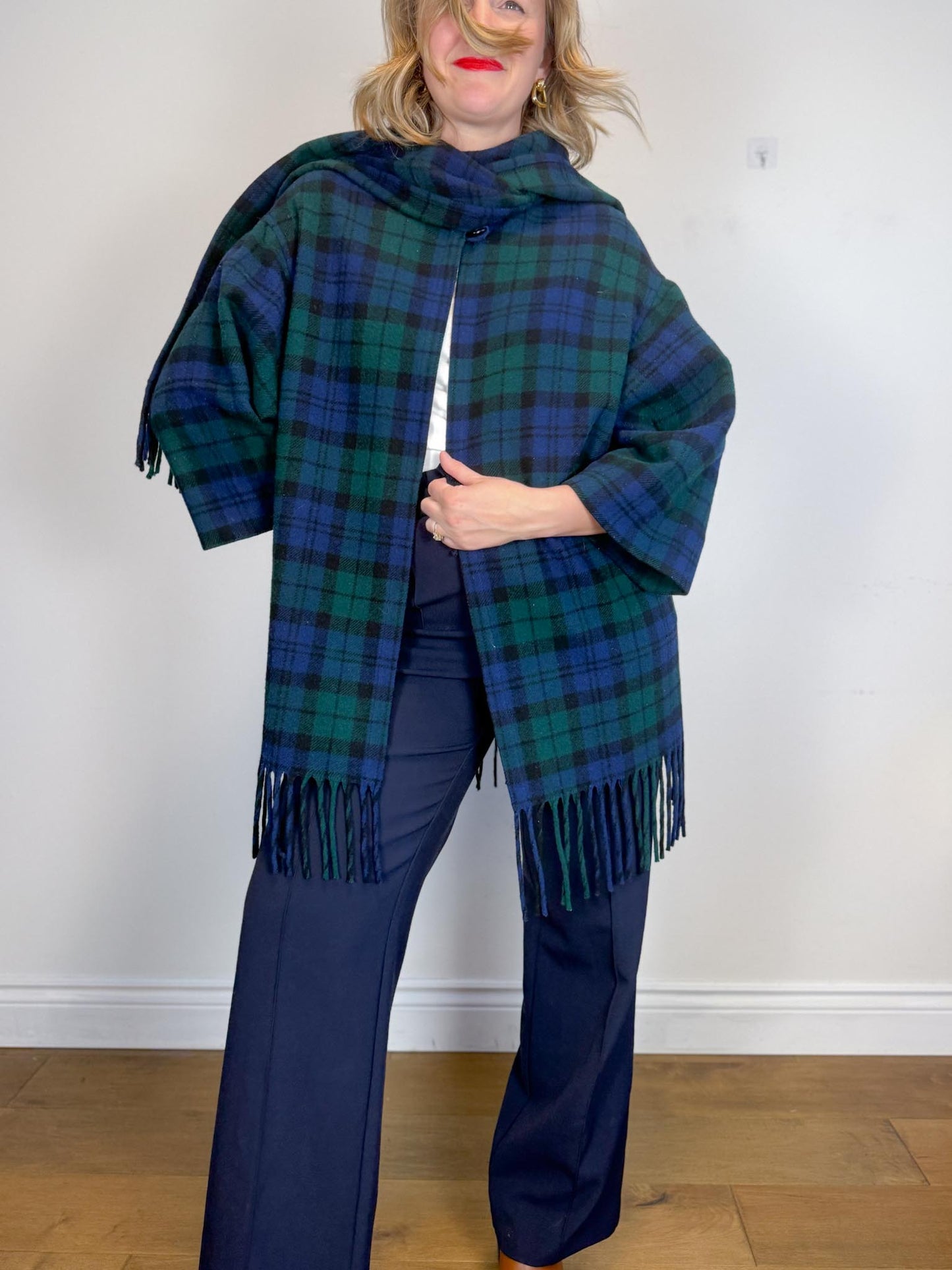 Vintage Plaid Wool Coat with Attached Scarf & Fringe (Size L)