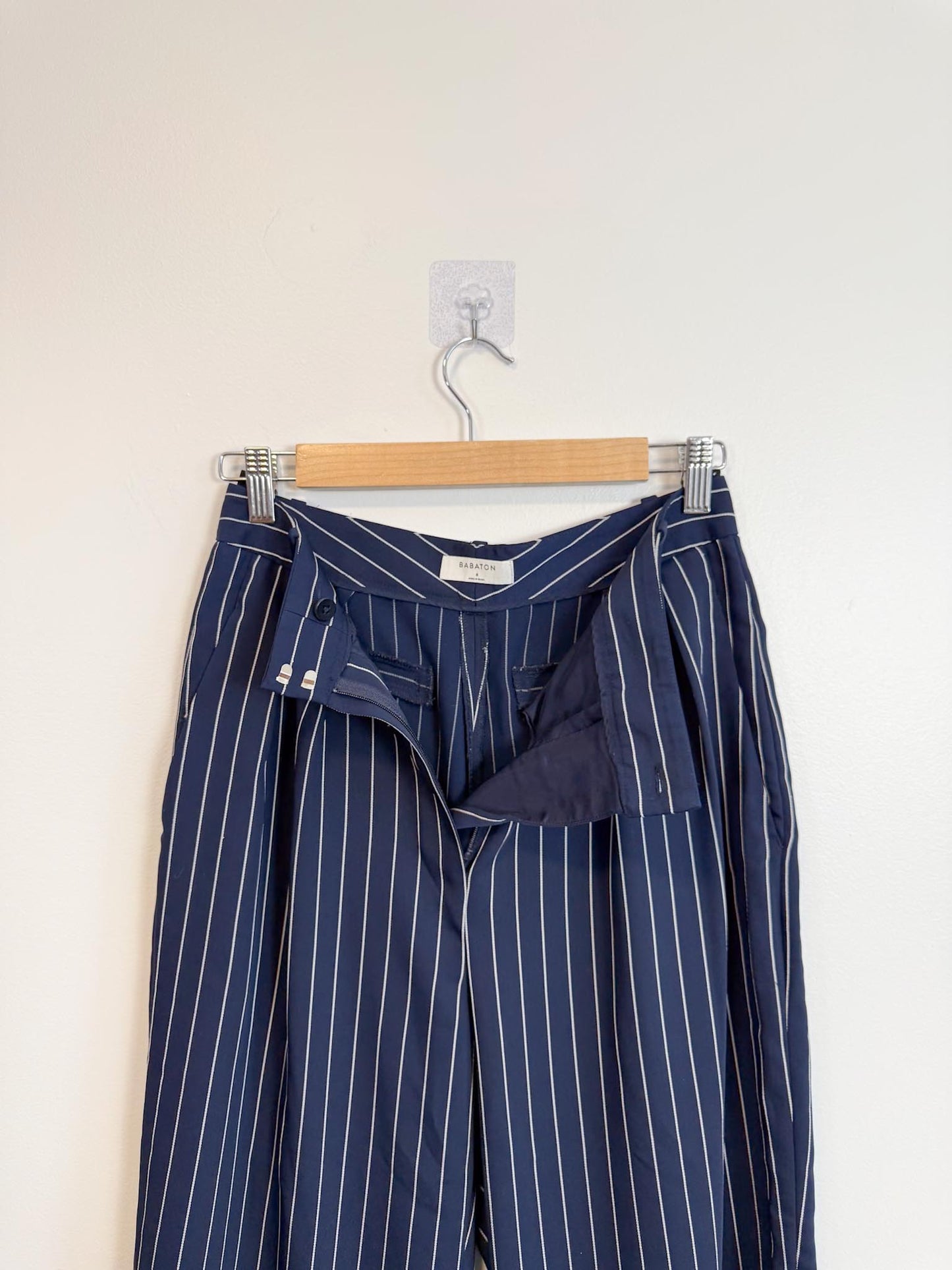 Babaton Pinstriped "Modesto Trousers in Navy/White" (Size 6)