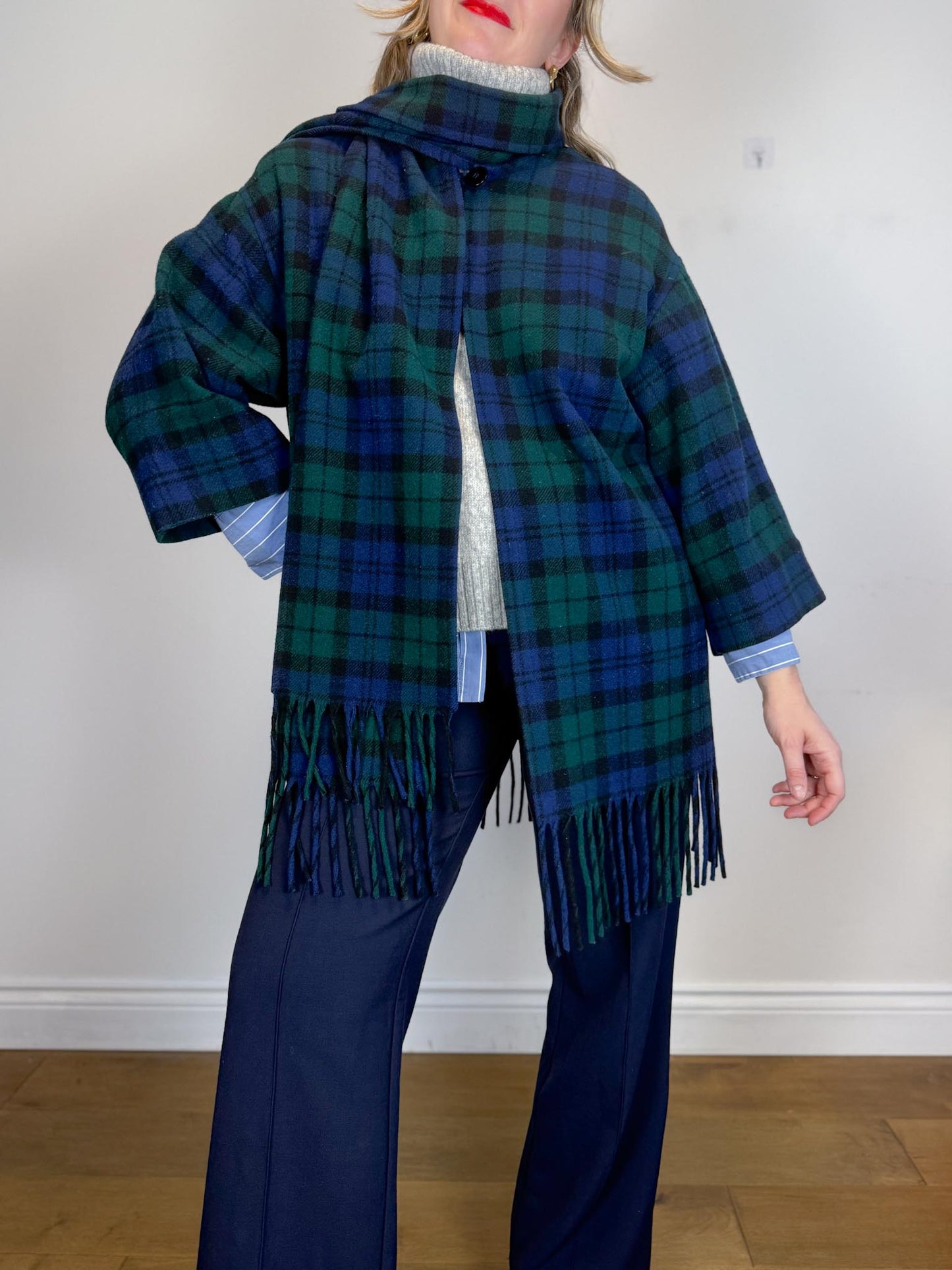 Vintage Plaid Wool Coat with Attached Scarf & Fringe (Size L)