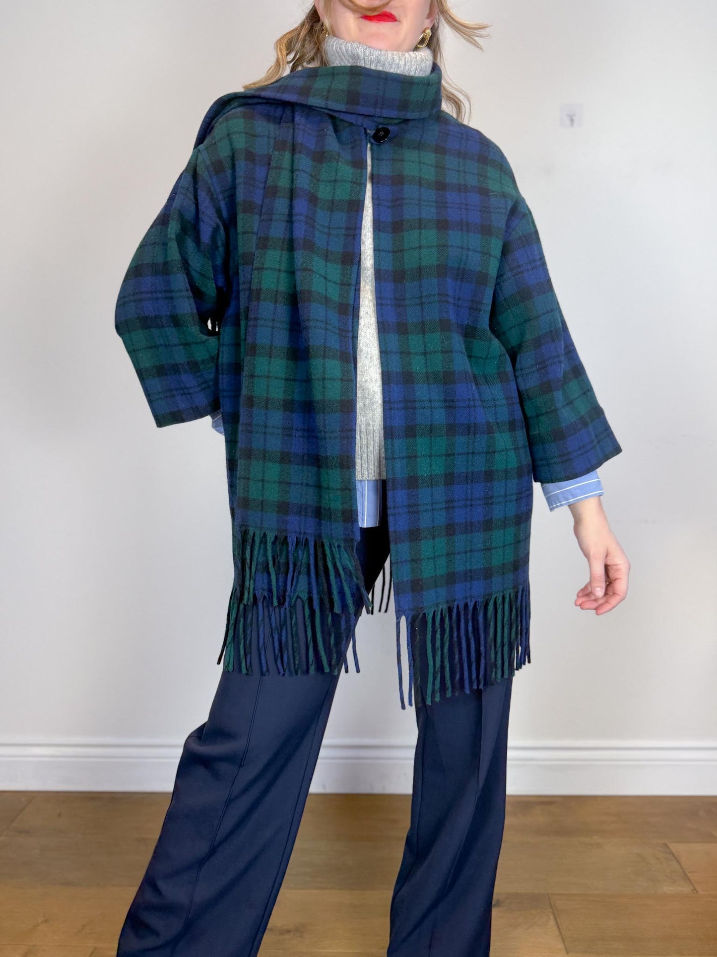 Vintage Plaid Wool Coat with Attached Scarf & Fringe (Size L)
