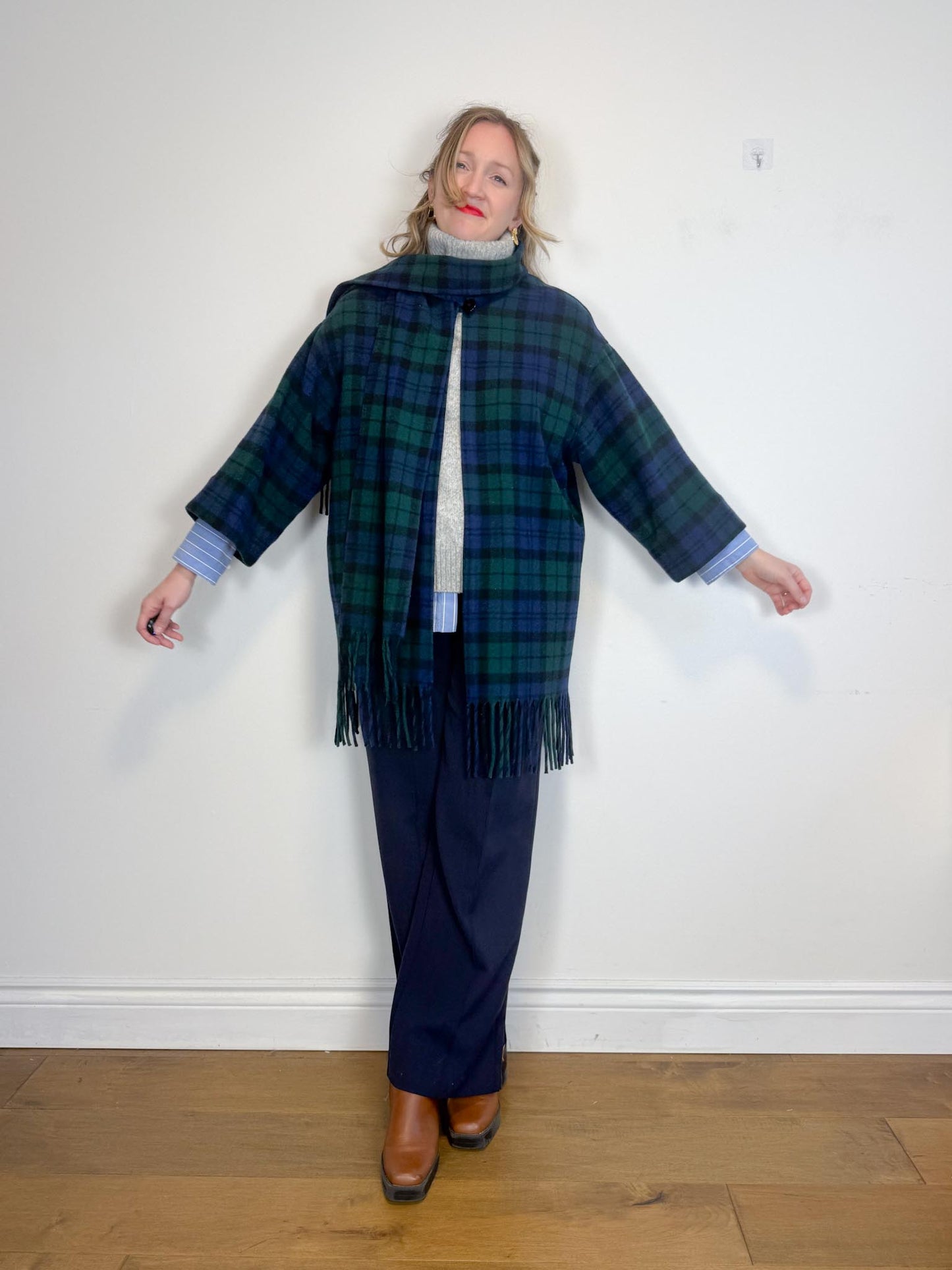 Vintage Plaid Wool Coat with Attached Scarf & Fringe (Size L)