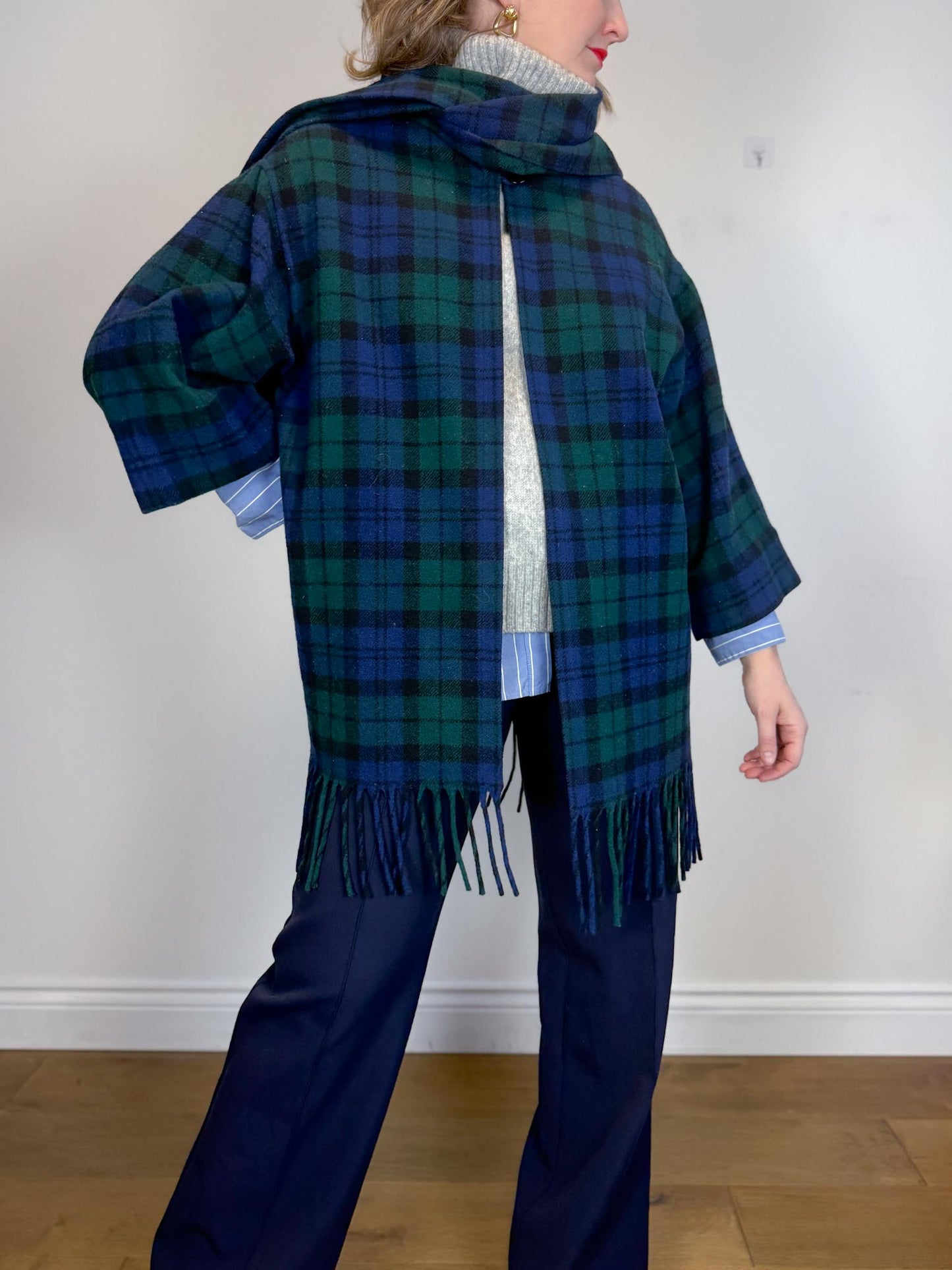 Vintage Plaid Wool Coat with Attached Scarf & Fringe (Size L)