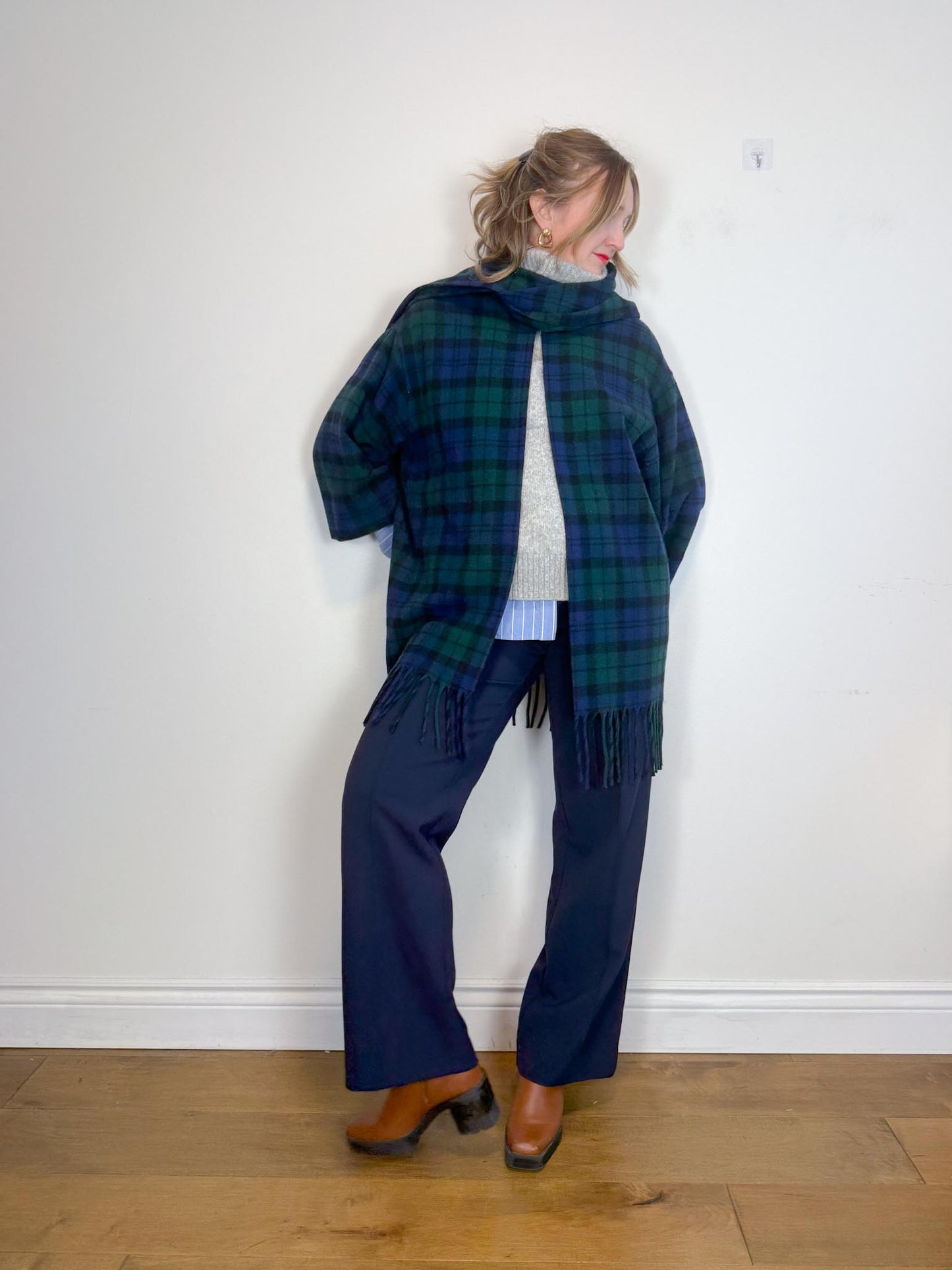 Vintage Plaid Wool Coat with Attached Scarf & Fringe (Size L)