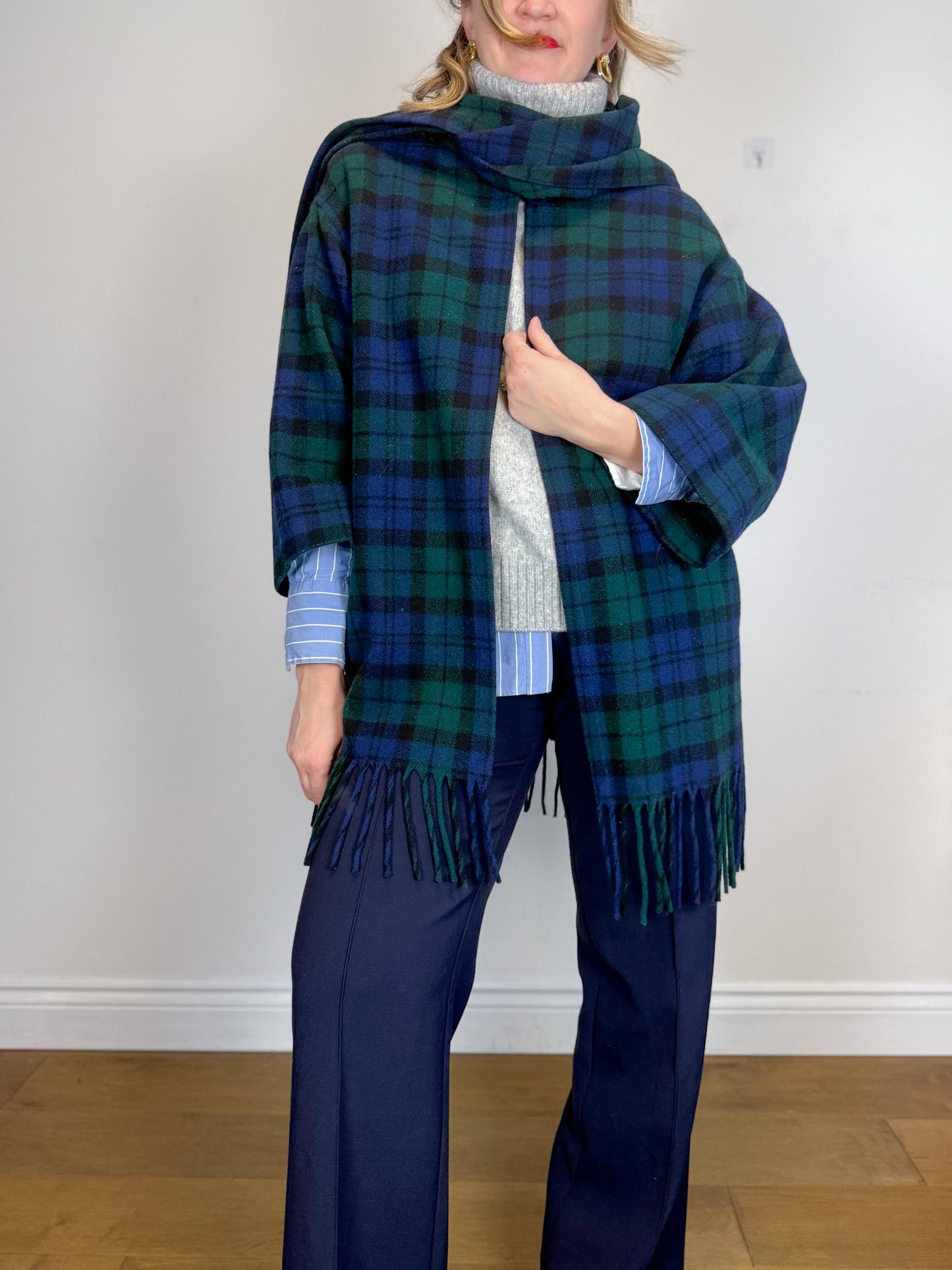 Vintage Plaid Wool Coat with Attached Scarf & Fringe (Size L)