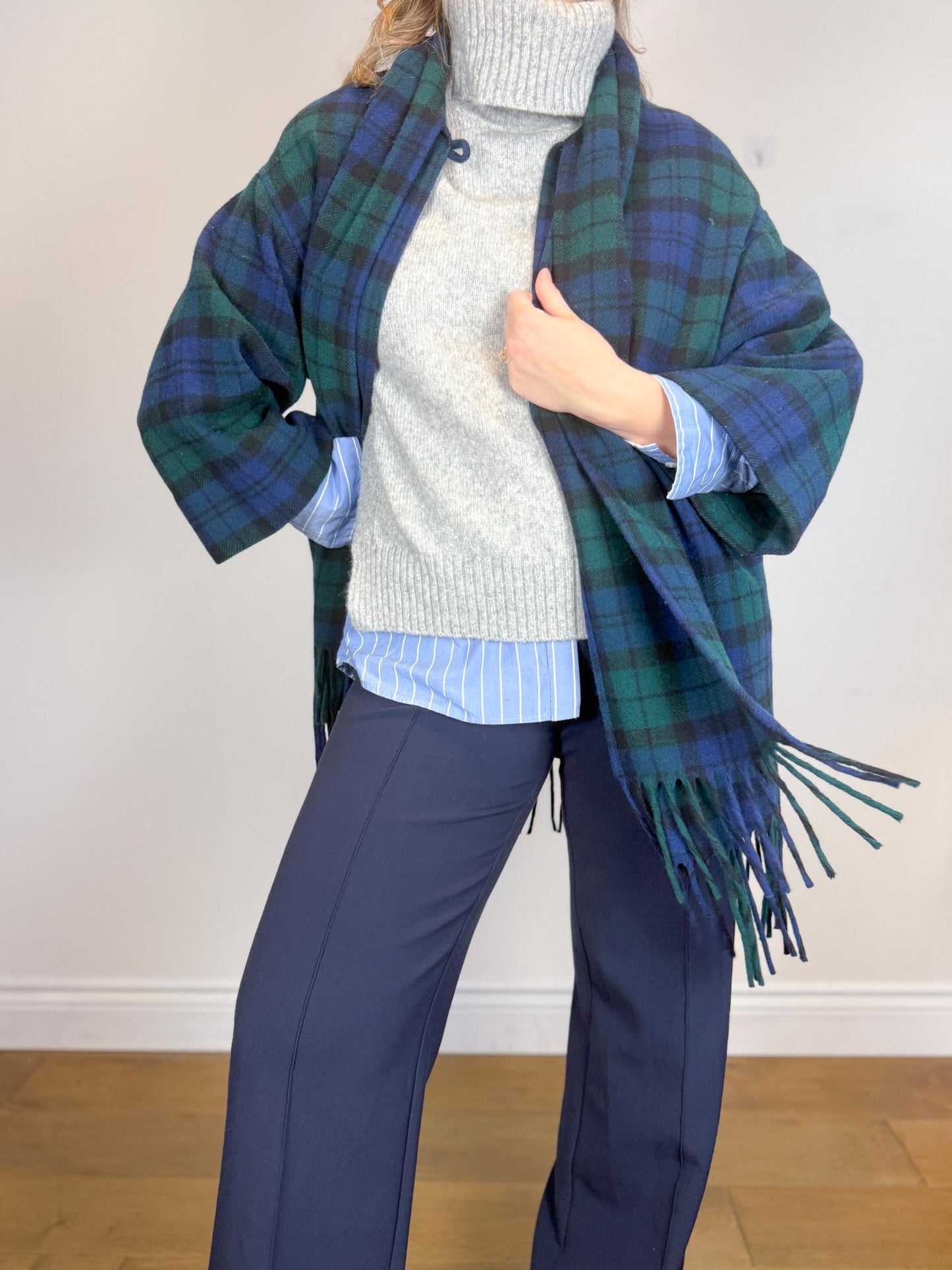 Vintage Plaid Wool Coat with Attached Scarf & Fringe (Size L)