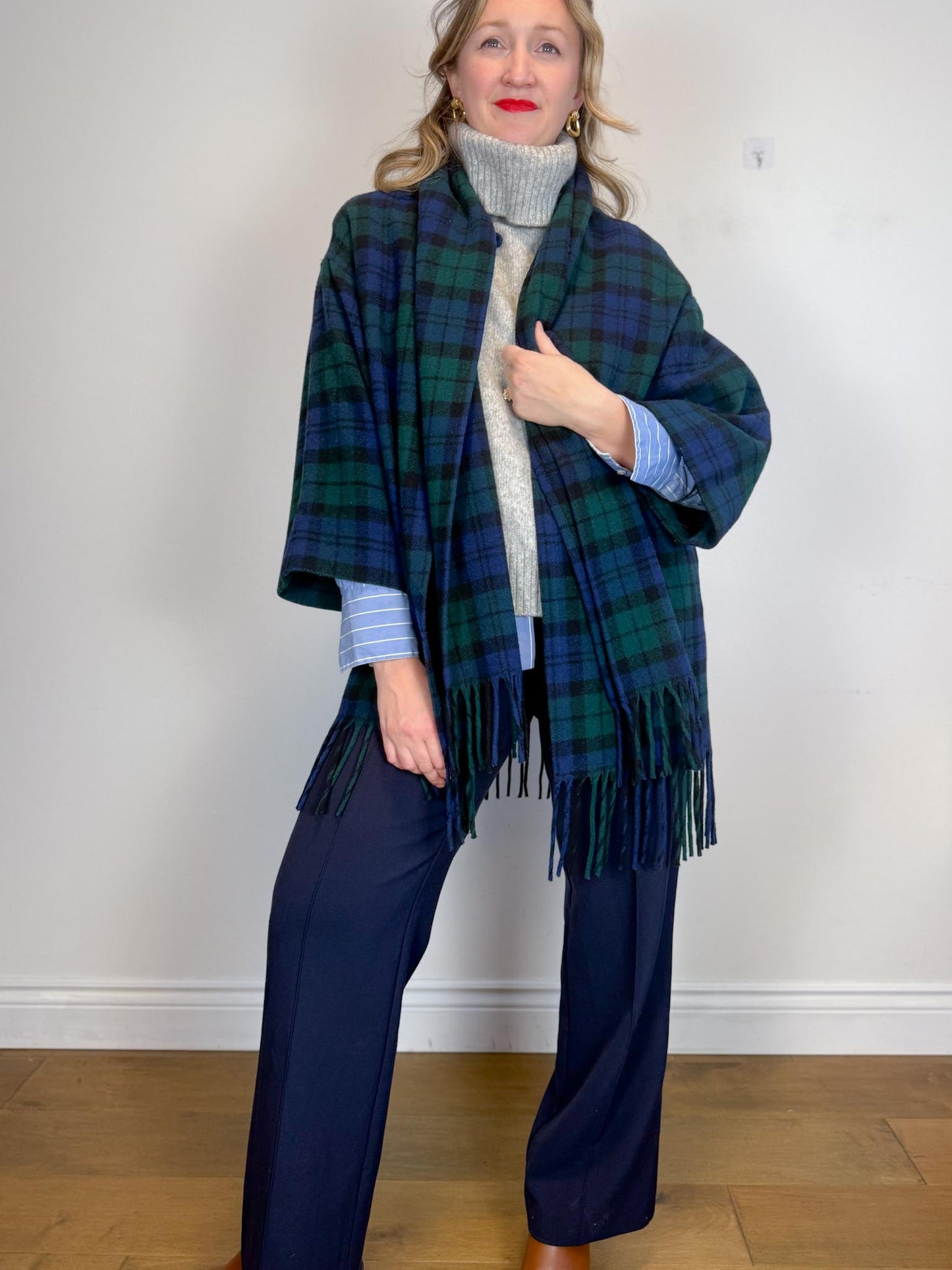Vintage Plaid Wool Coat with Attached Scarf & Fringe (Size L)