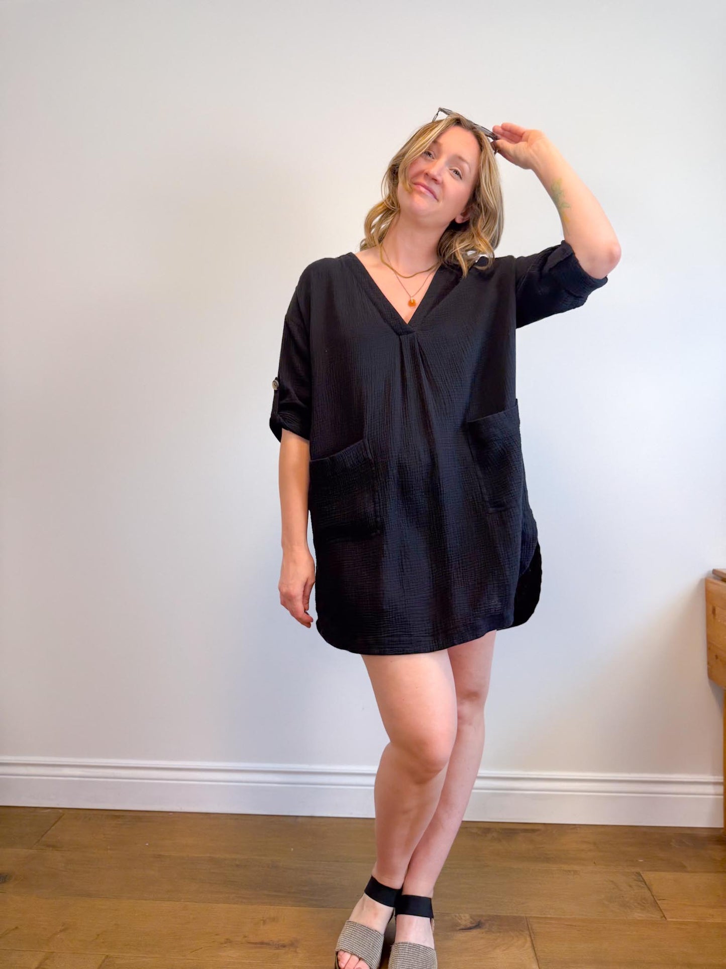 SEAFOLLY Cotton Gauze Beach Cover Up Dress in Black (Size L)