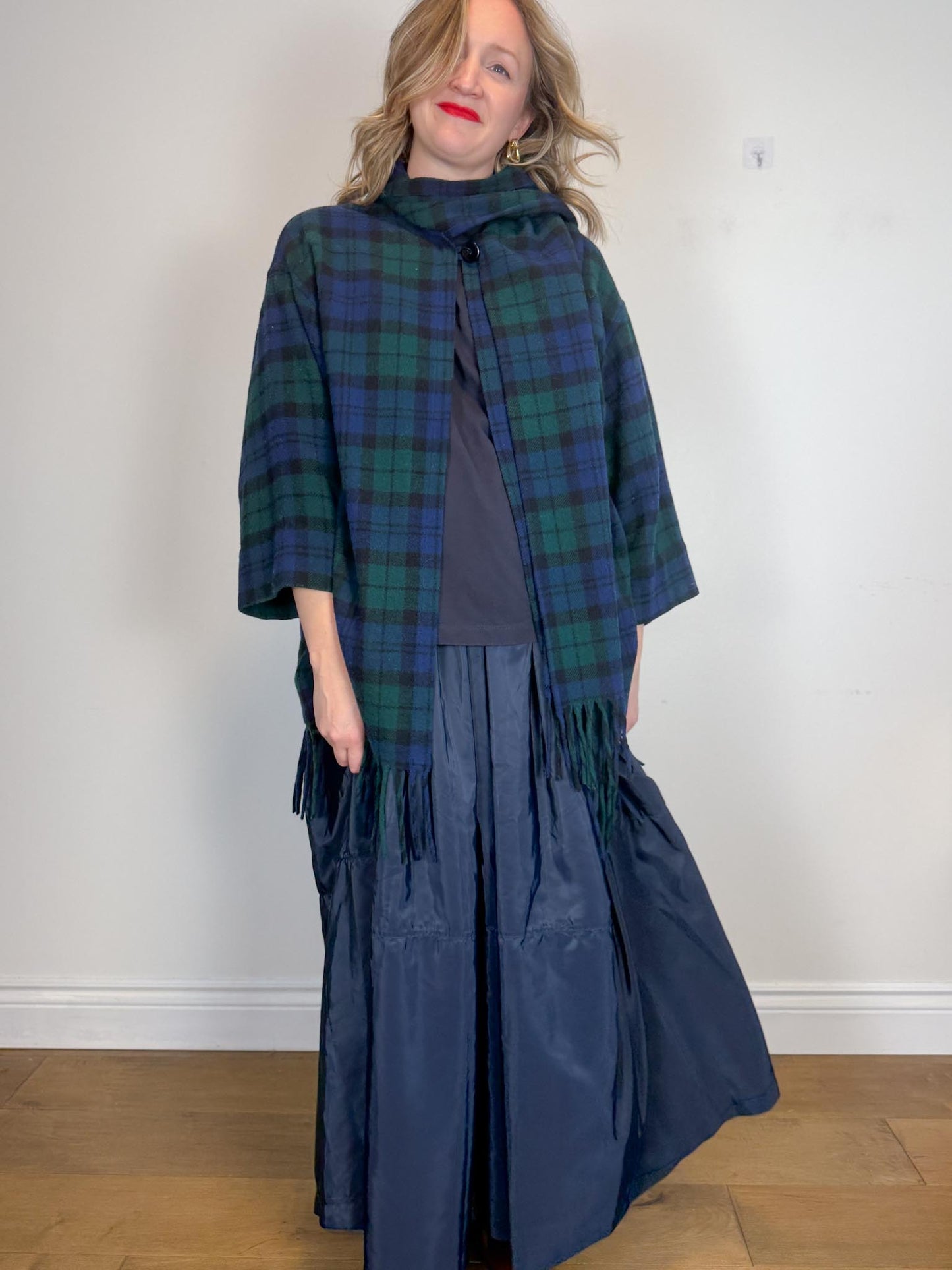 Vintage Plaid Wool Coat with Attached Scarf & Fringe (Size L)