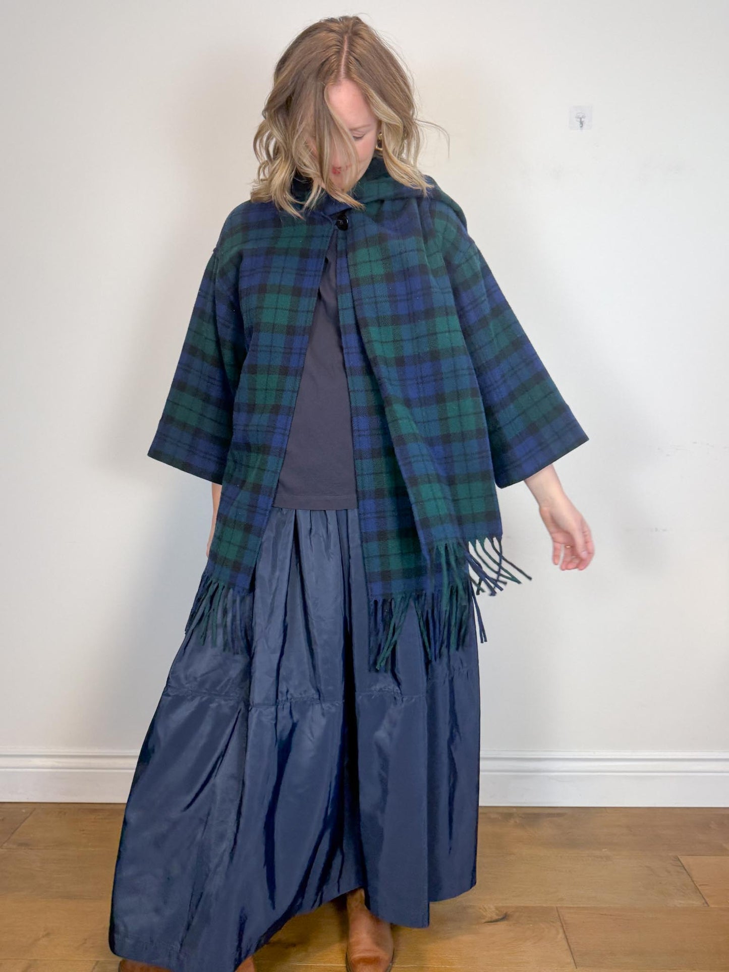 Vintage Plaid Wool Coat with Attached Scarf & Fringe (Size L)