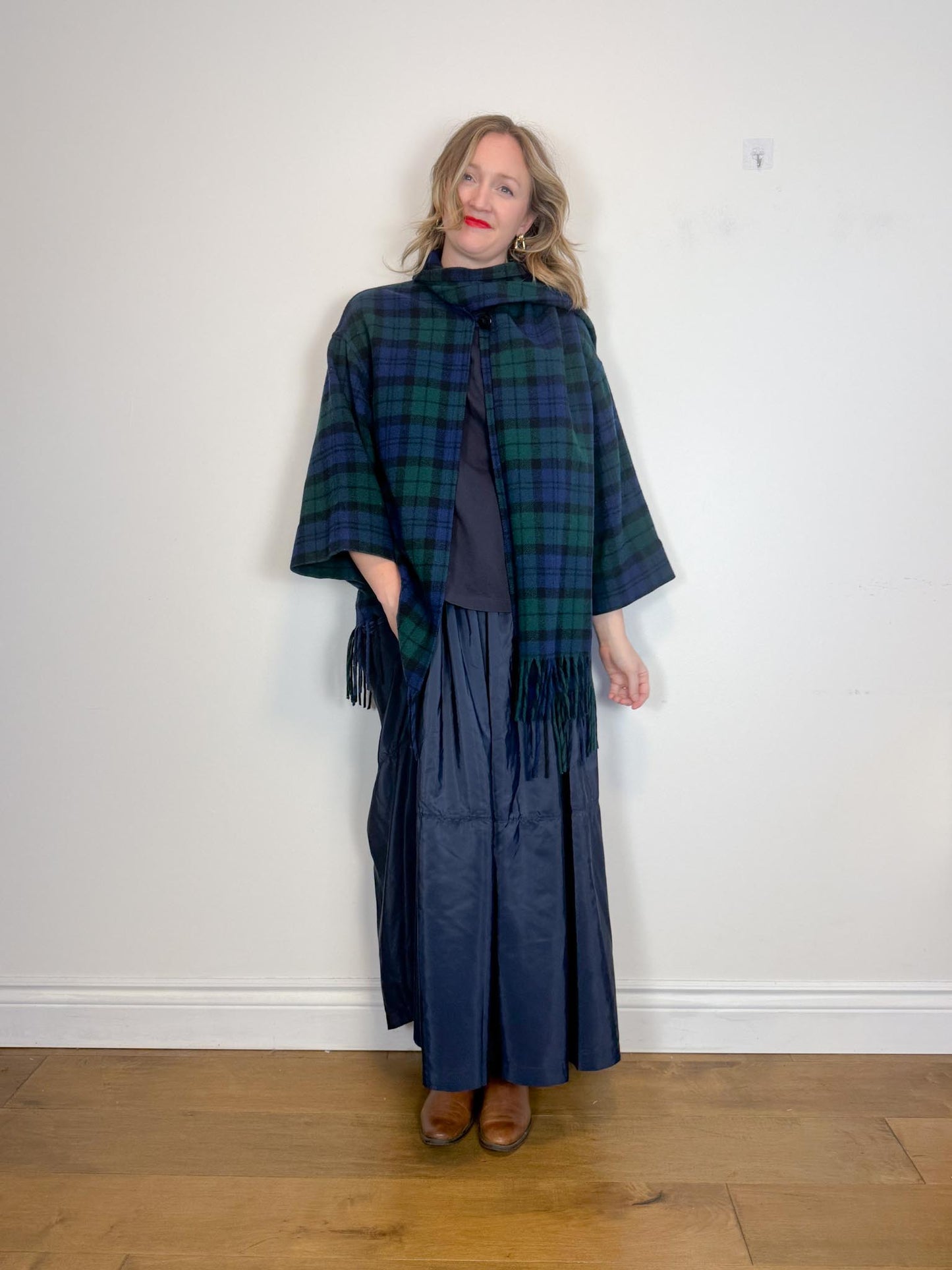 Vintage Plaid Wool Coat with Attached Scarf & Fringe (Size L)