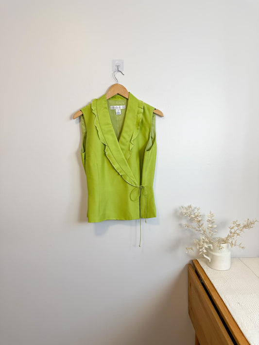 Vintage Ruffle Wrap Style Silk Blouse in Green (Size L)