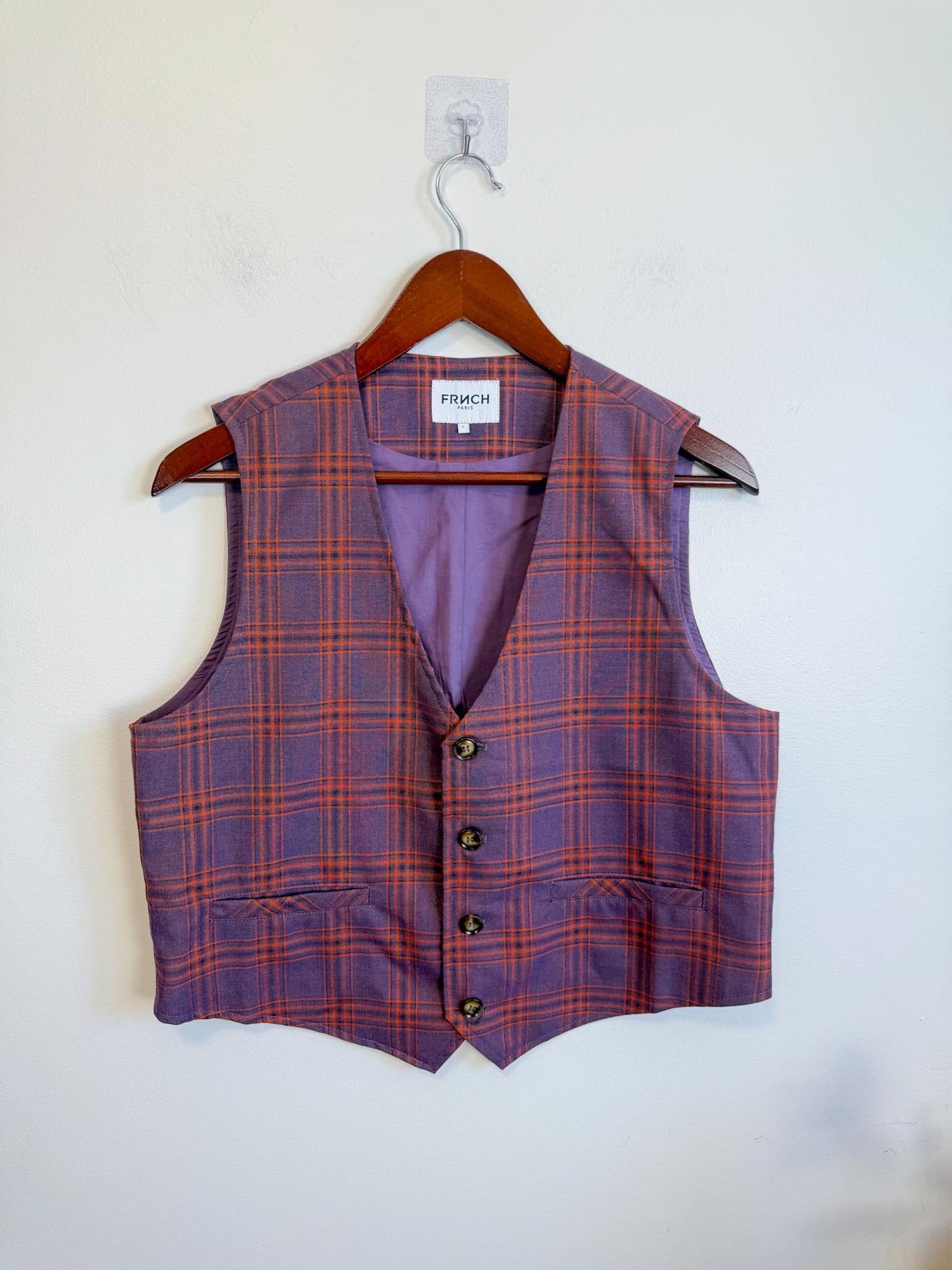 FRNCH Paris Alix Suit Vest in Maroon/Orange Plaid (Size L)