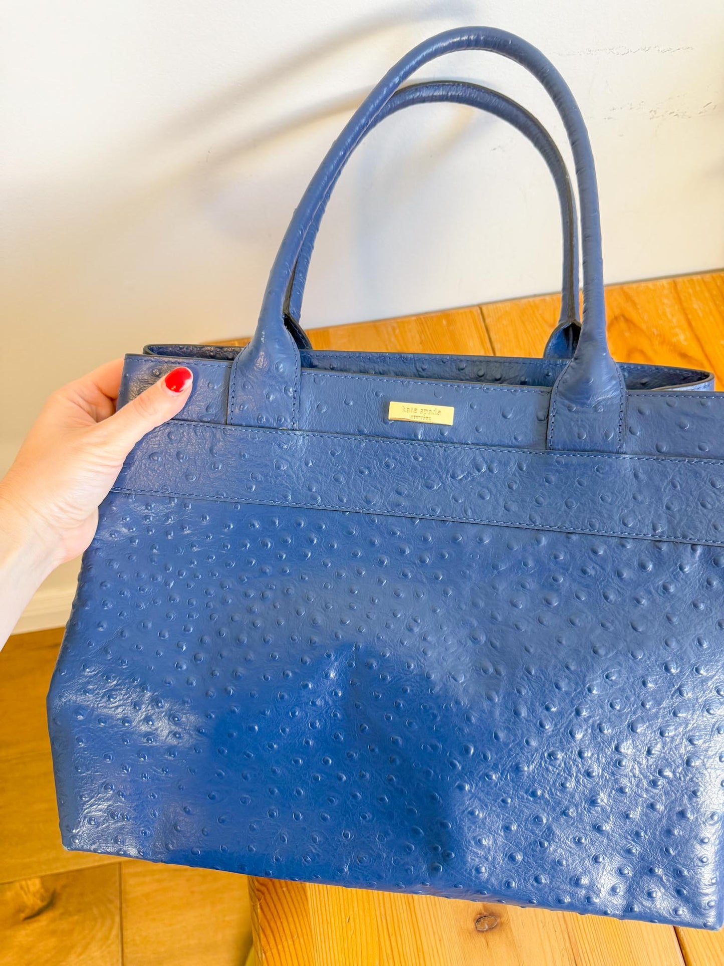 Kate Spade "Large Navy Ostrich Embossed Leather Tote"