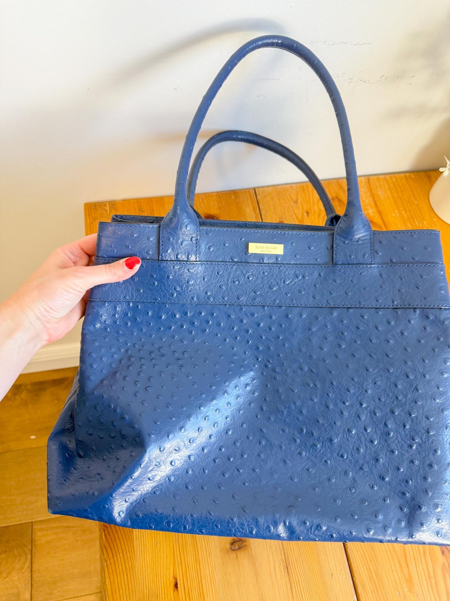 Kate Spade "Large Navy Ostrich Embossed Leather Tote"