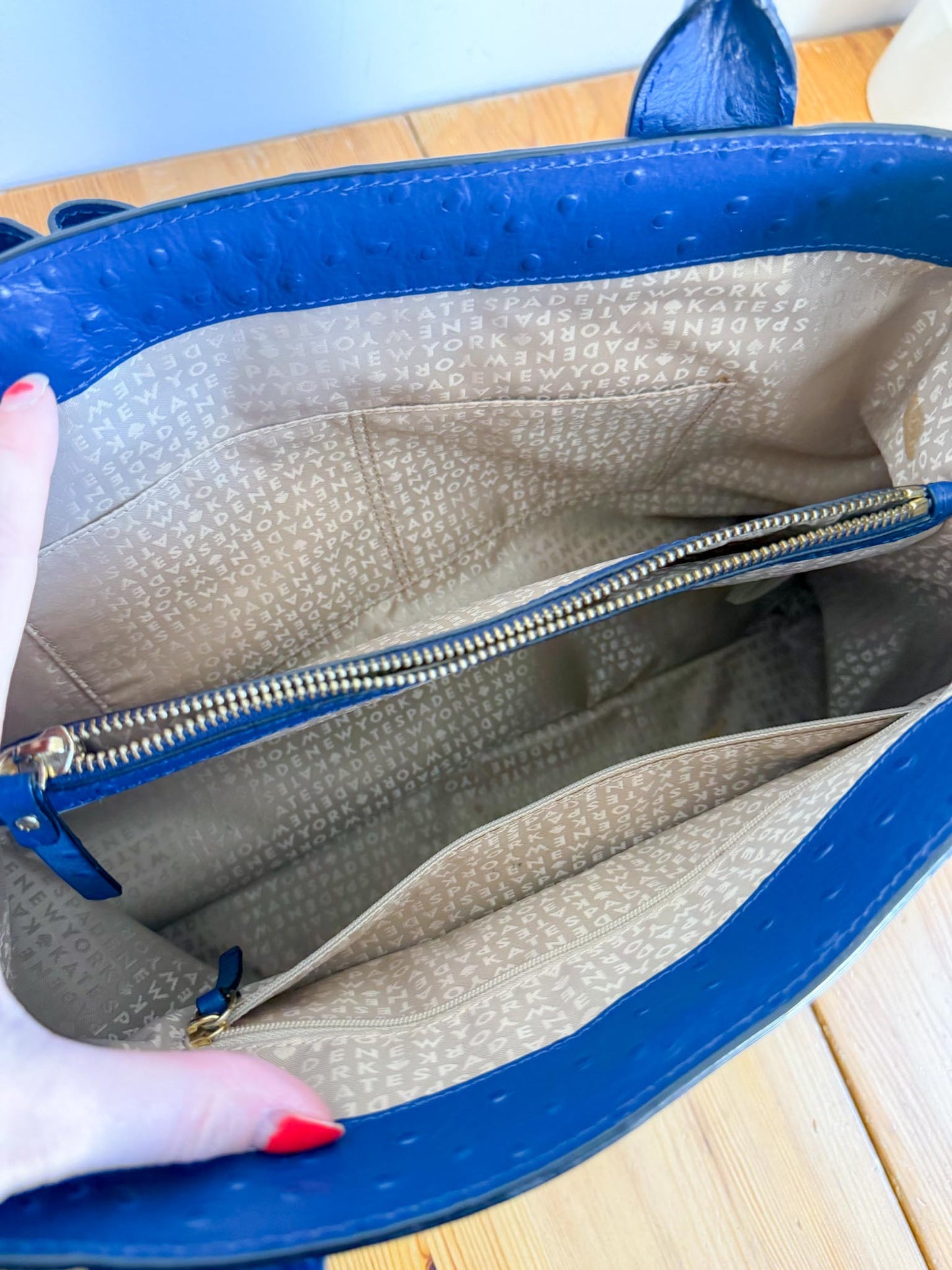 Kate Spade "Large Navy Ostrich Embossed Leather Tote"