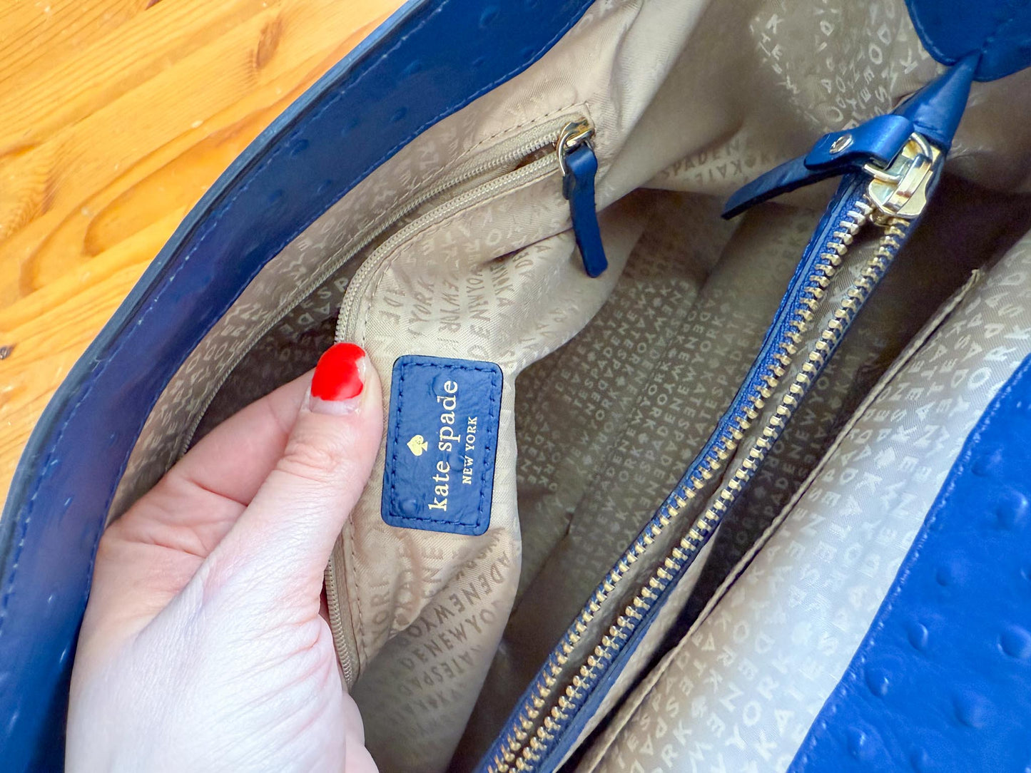 Kate Spade "Large Navy Ostrich Embossed Leather Tote"