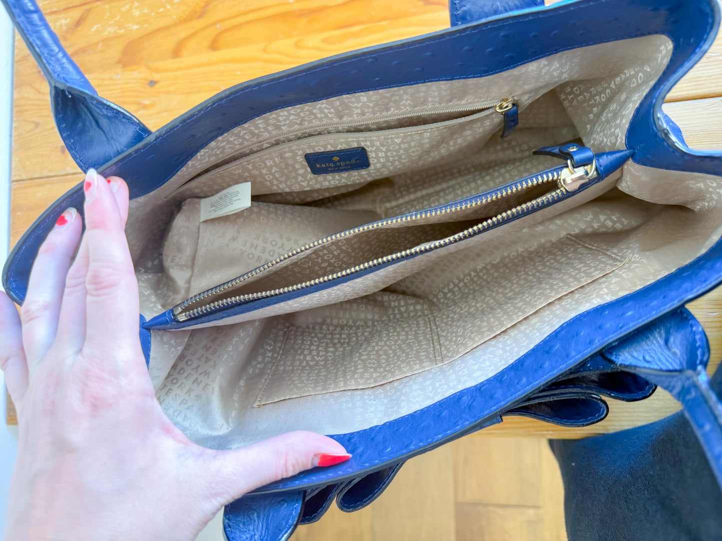 Kate Spade "Large Navy Ostrich Embossed Leather Tote"