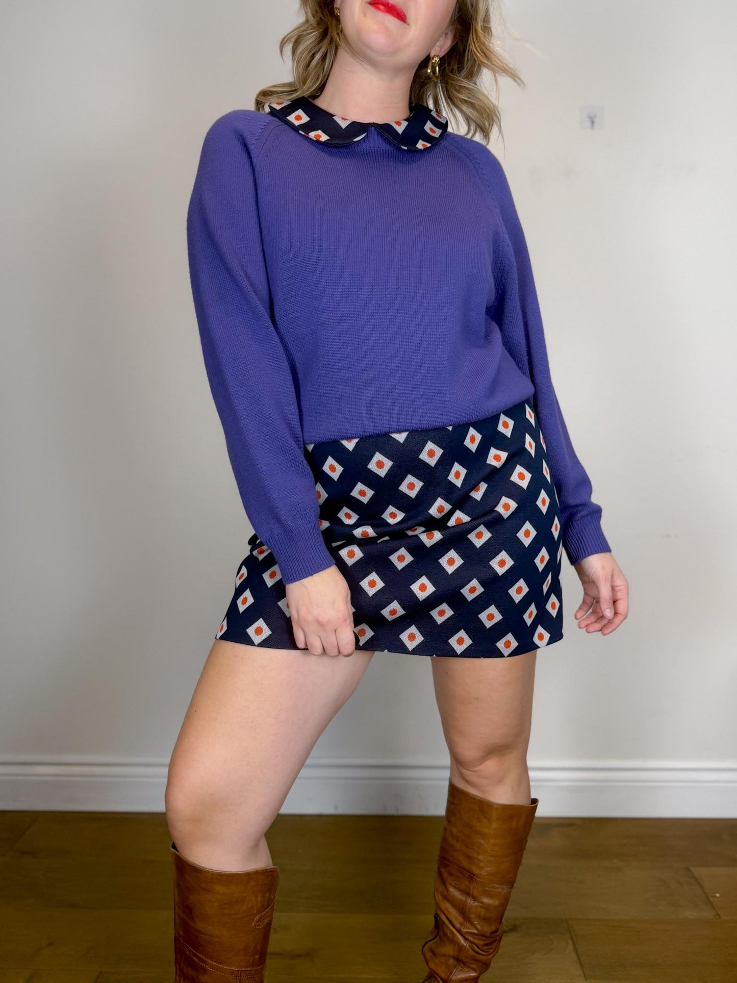 Vintage Geometric Pattern Mini Dress in Navy/Orange (Size L)