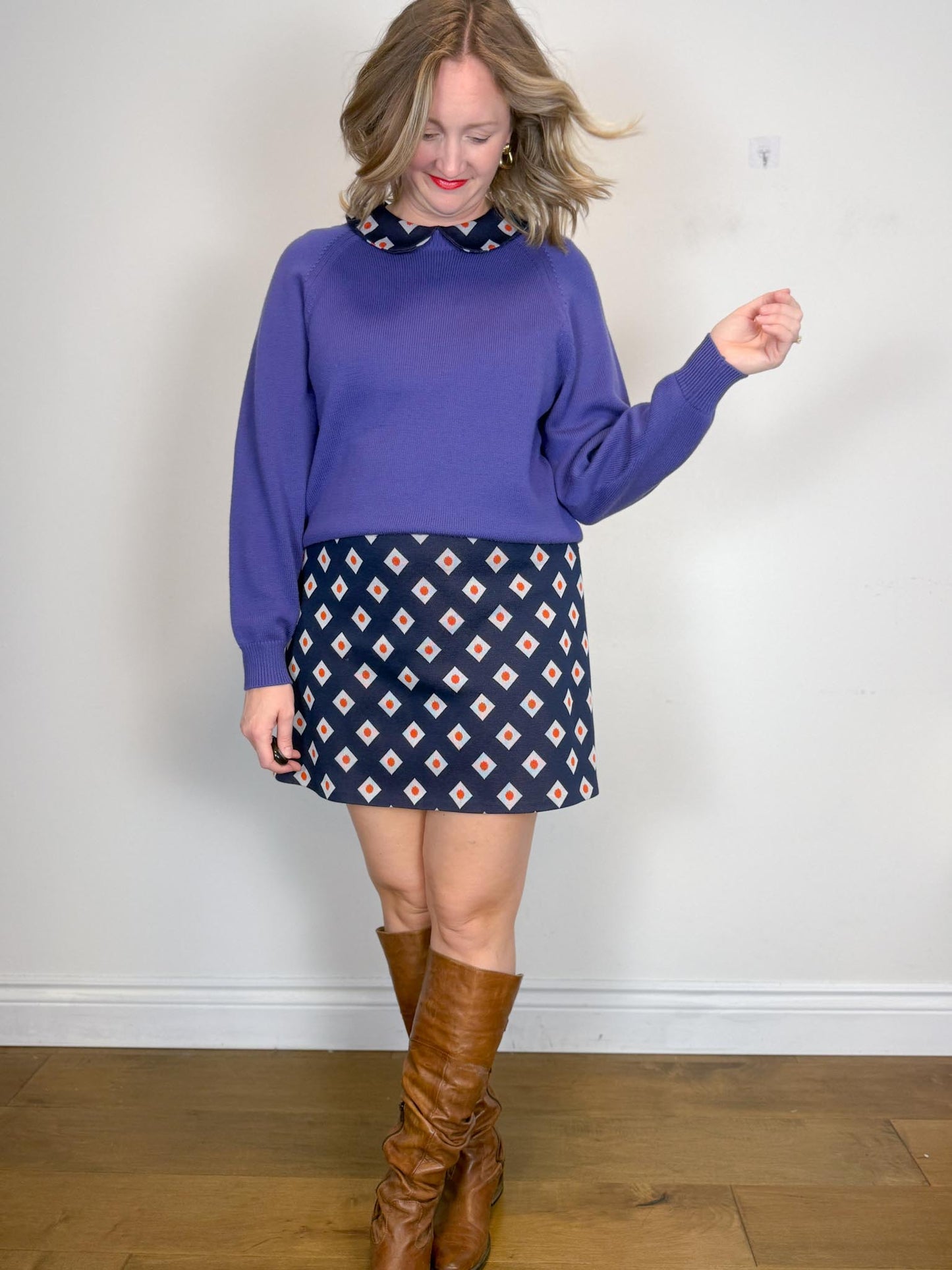 Vintage Geometric Pattern Mini Dress in Navy/Orange (Size L)