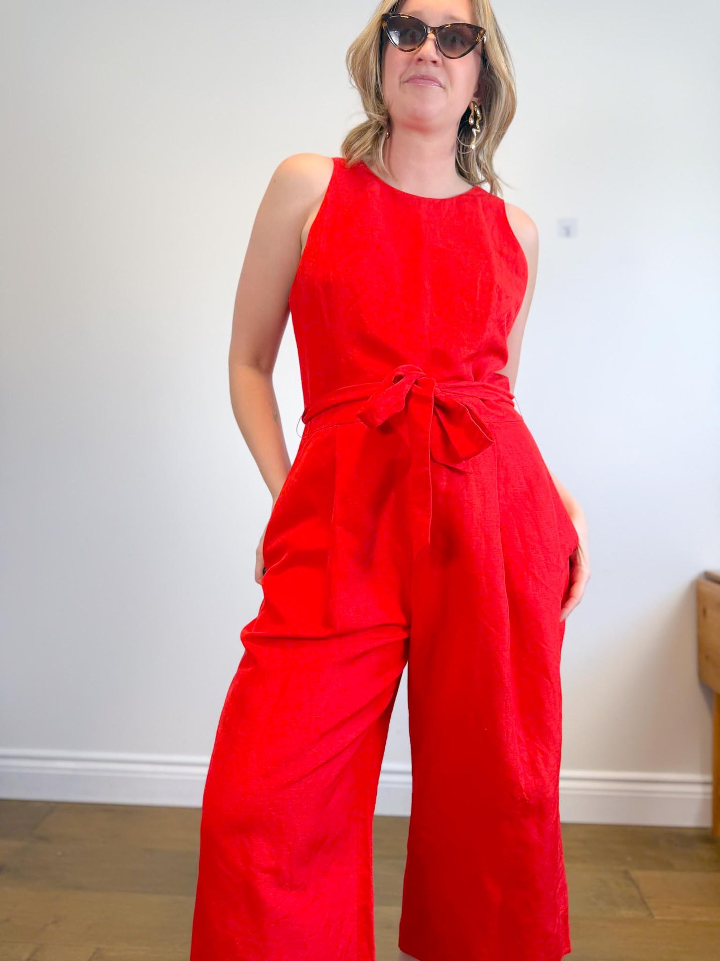 Banana Republic "Linen-Cotton Wide-Leg Cropped Jumpsuit in Red" (Size 14)