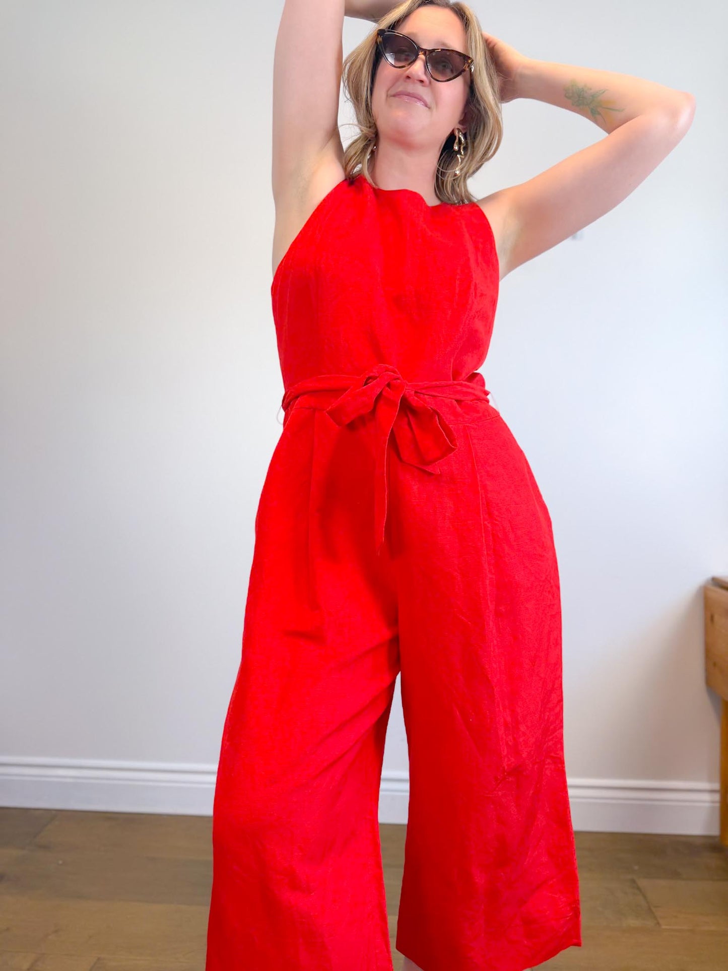 Banana Republic "Linen-Cotton Wide-Leg Cropped Jumpsuit in Red" (Size 14)