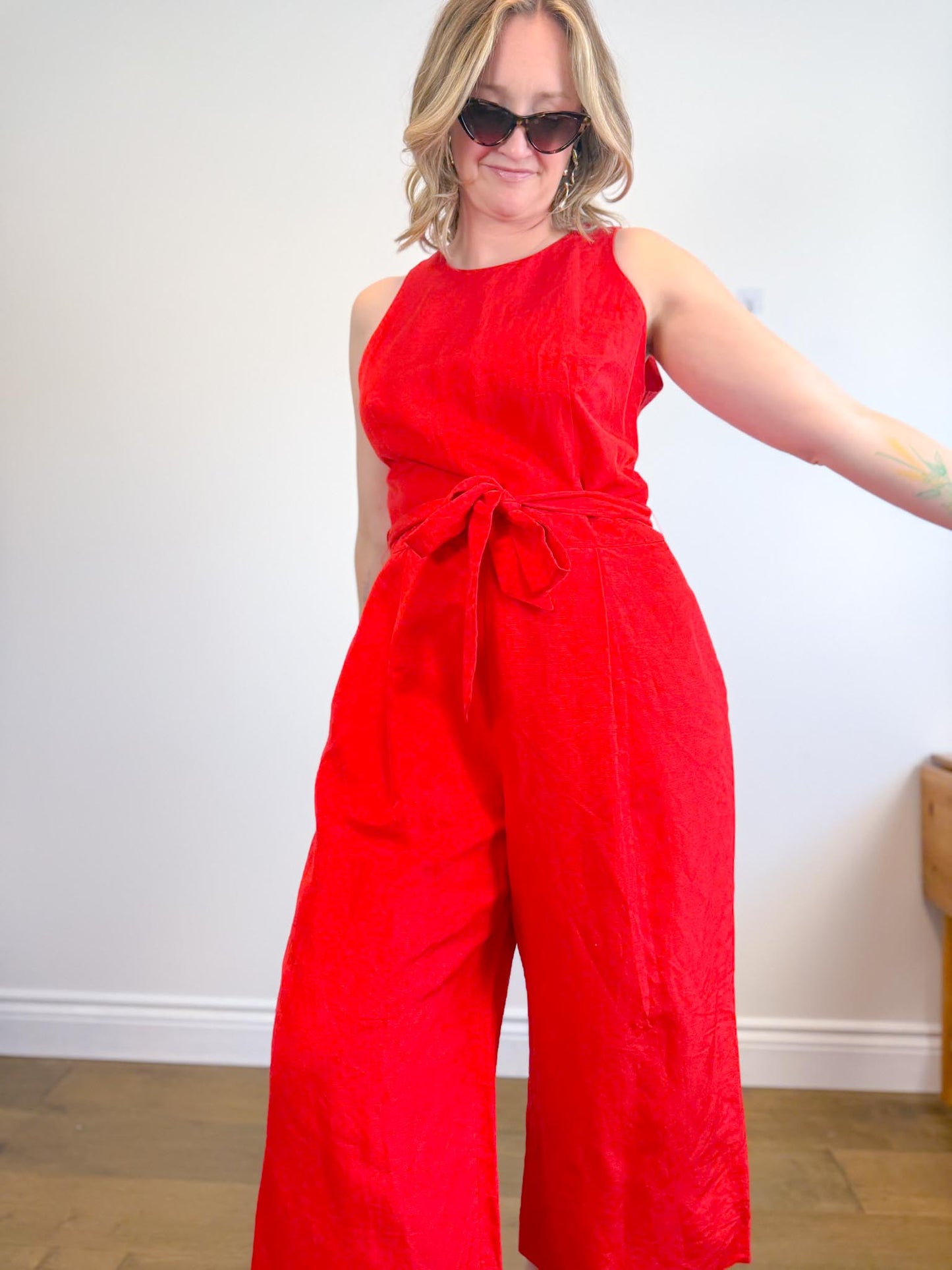 Banana Republic "Linen-Cotton Wide-Leg Cropped Jumpsuit in Red" (Size 14)