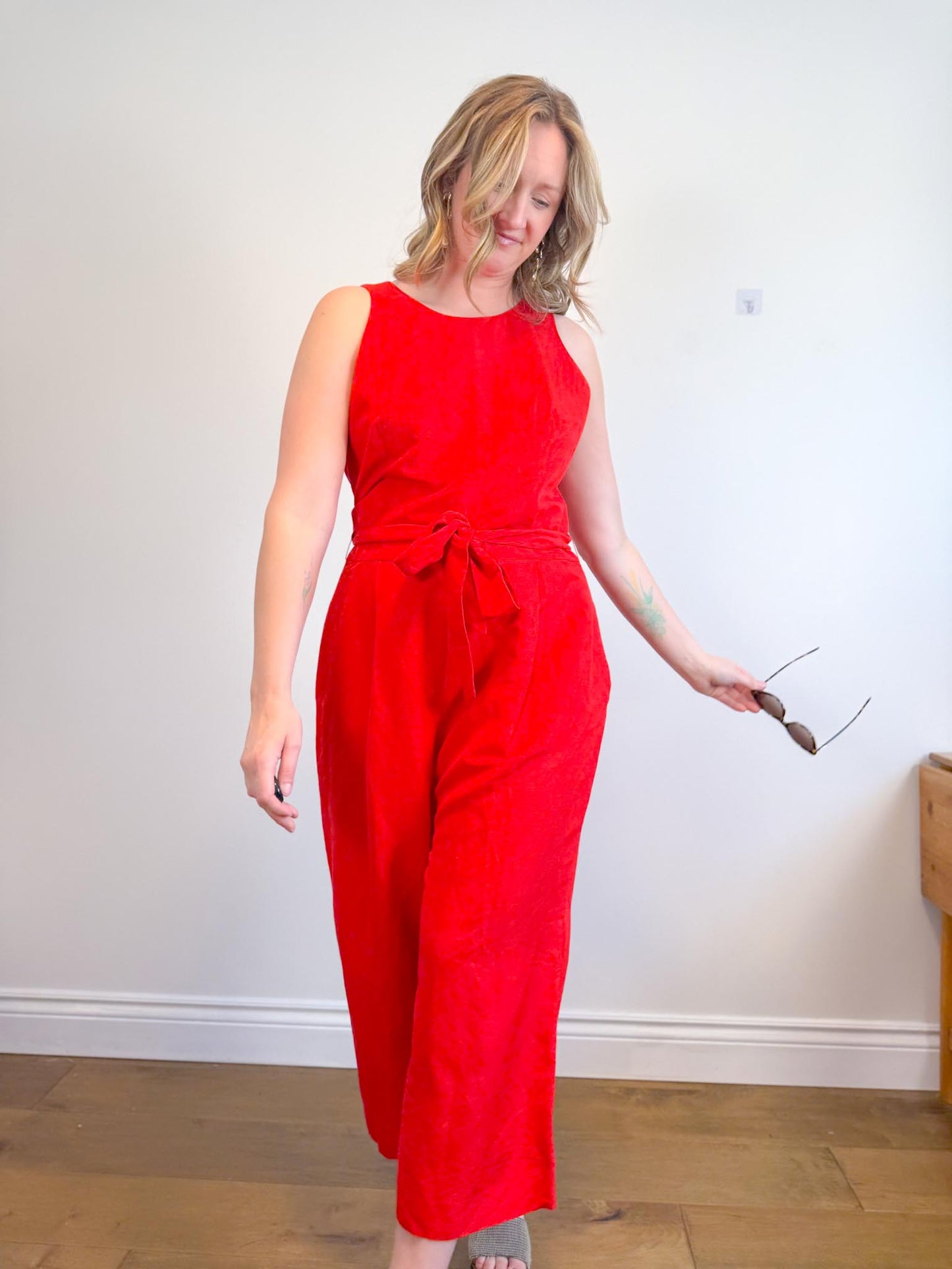 Banana Republic "Linen-Cotton Wide-Leg Cropped Jumpsuit in Red" (Size 14)