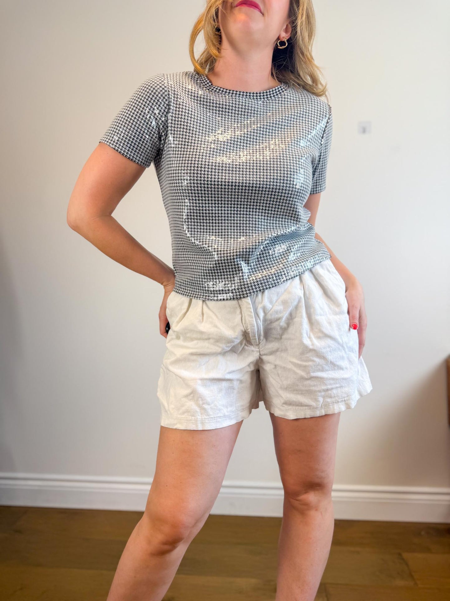 Sanctuary "Short-Sleeve Houndstooth Sequin Top" (Size S/M)