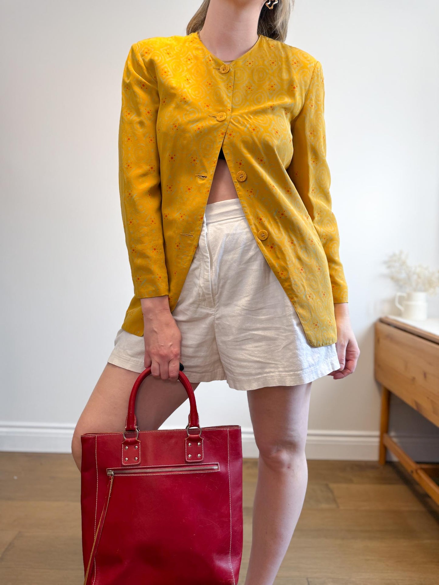 Vintage Silk Blazer in Mustard Print (Size S/M)