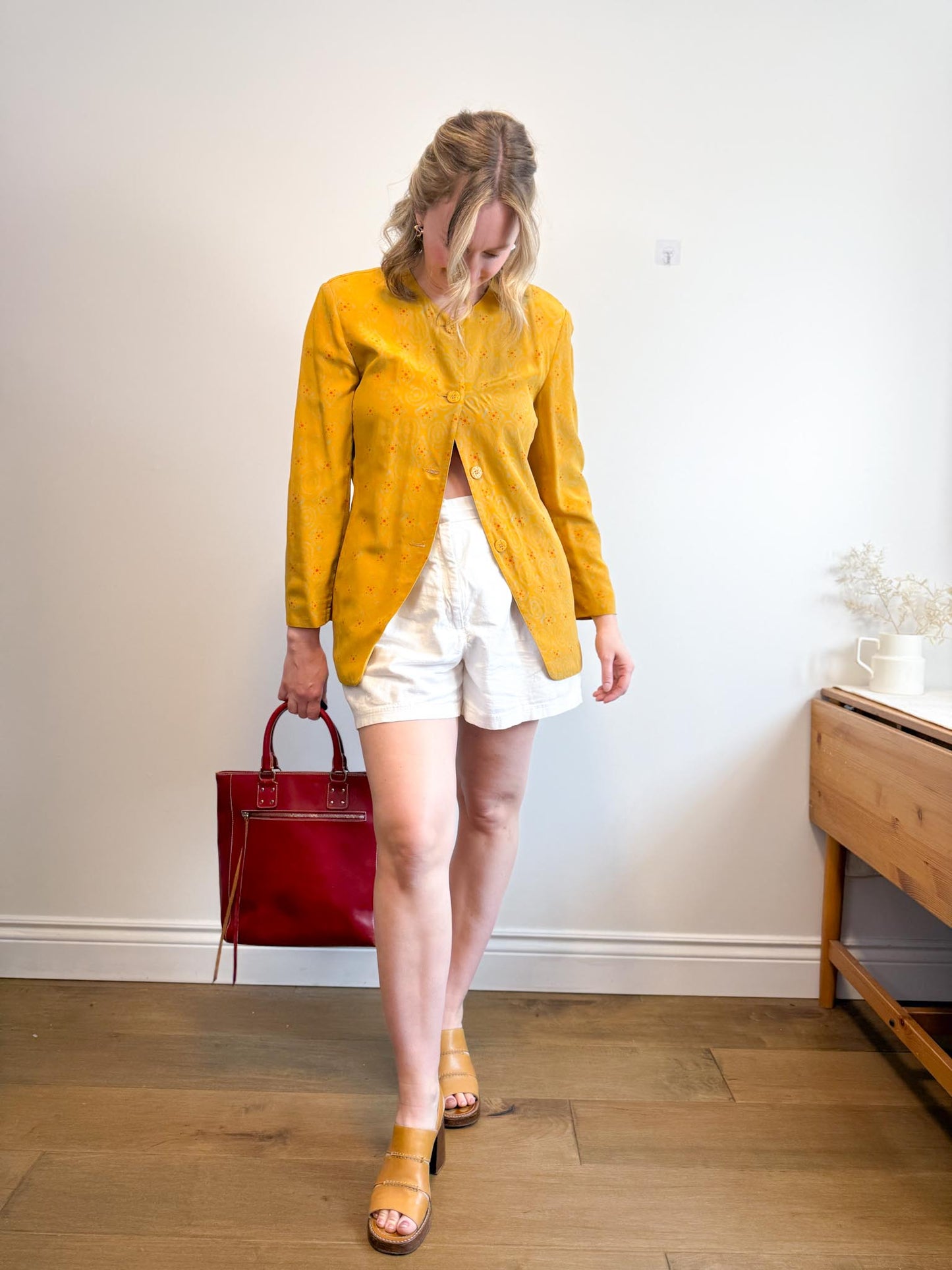 Vintage Silk Blazer in Mustard Print (Size S/M)