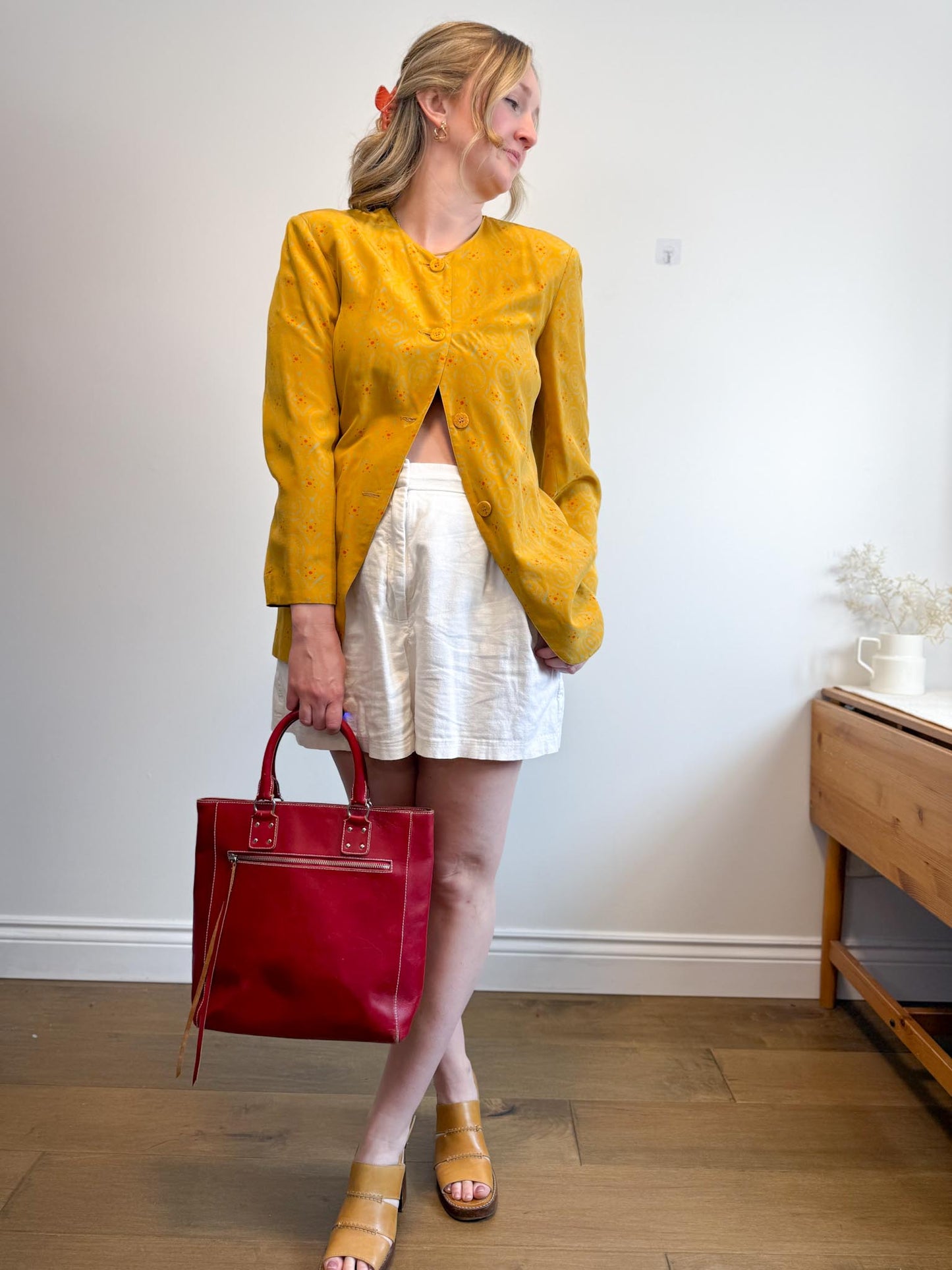 Vintage Silk Blazer in Mustard Print (Size S/M)