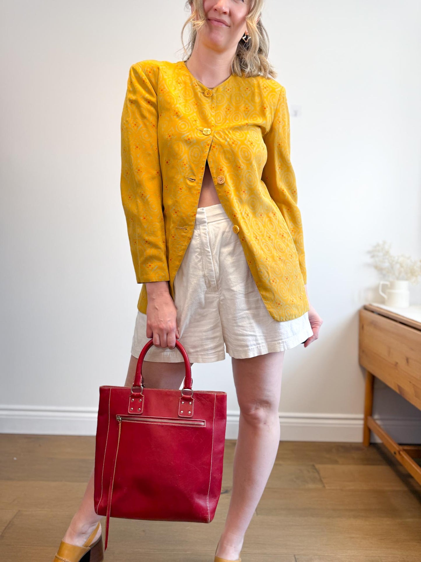 Vintage Silk Blazer in Mustard Print (Size S/M)