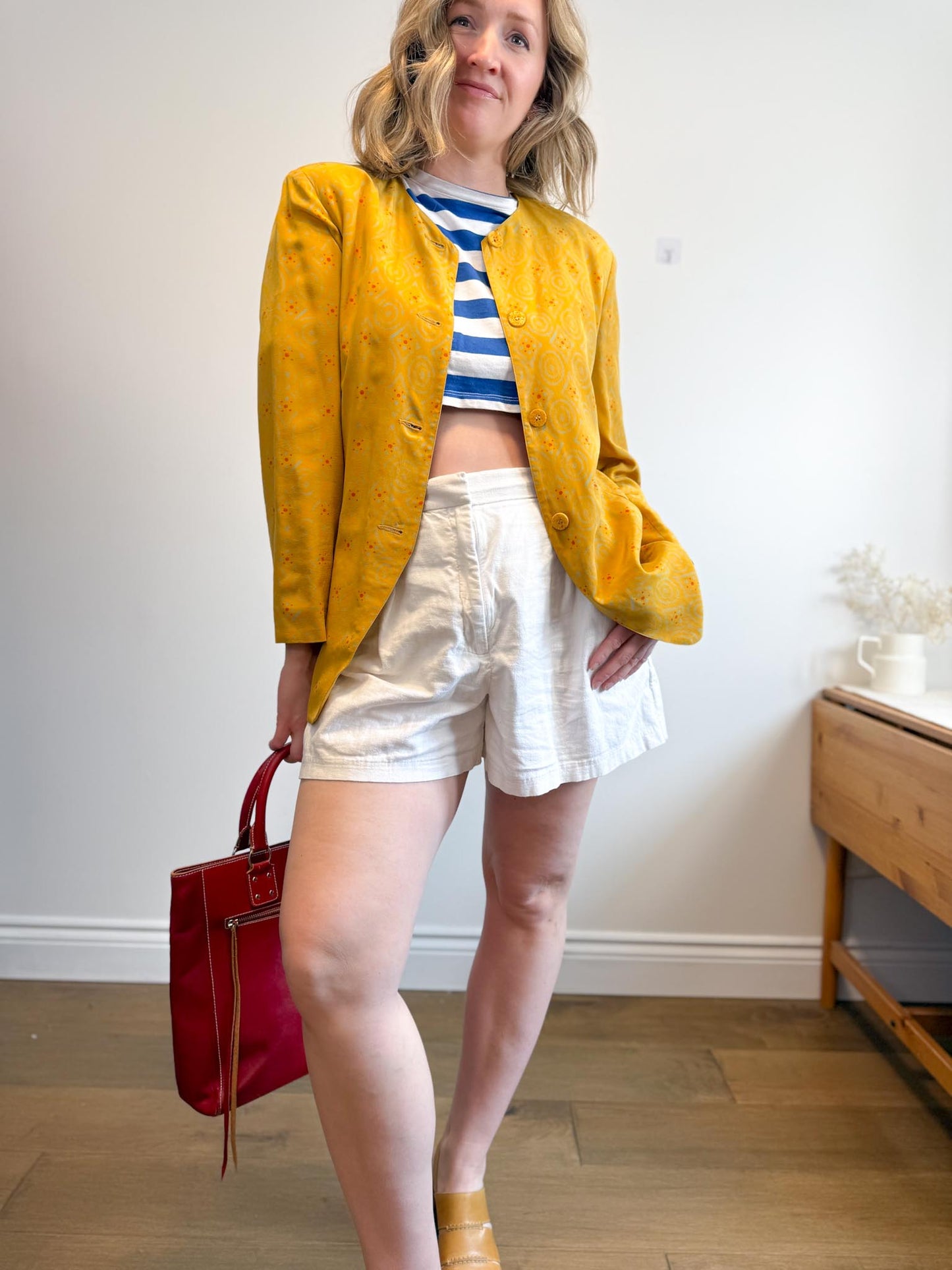 Vintage Silk Blazer in Mustard Print (Size S/M)