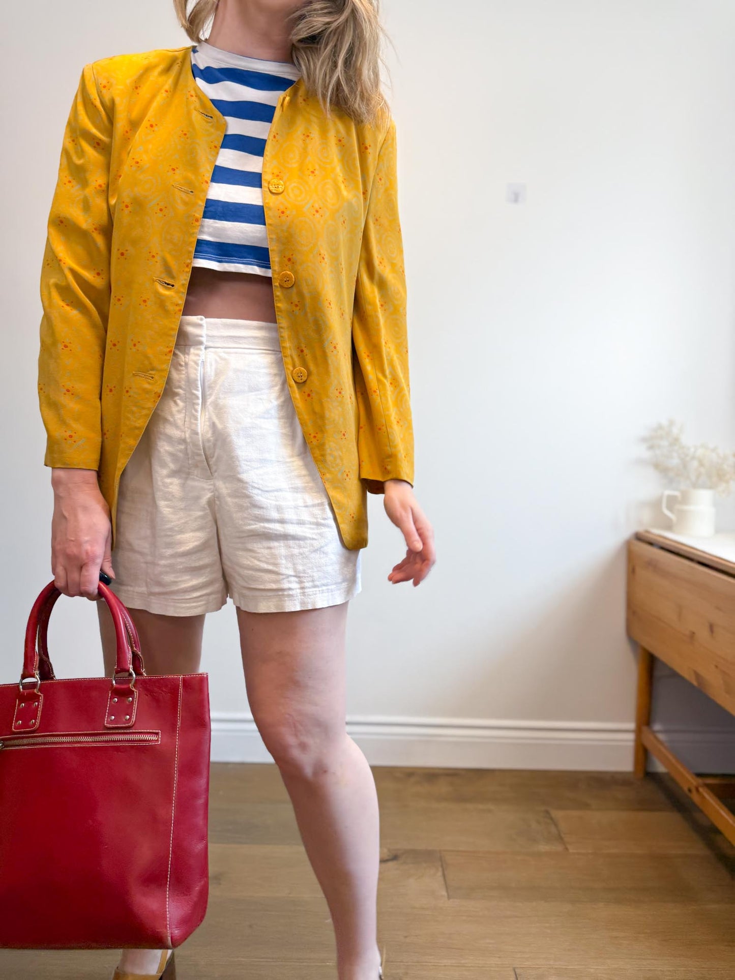 Vintage Silk Blazer in Mustard Print (Size S/M)