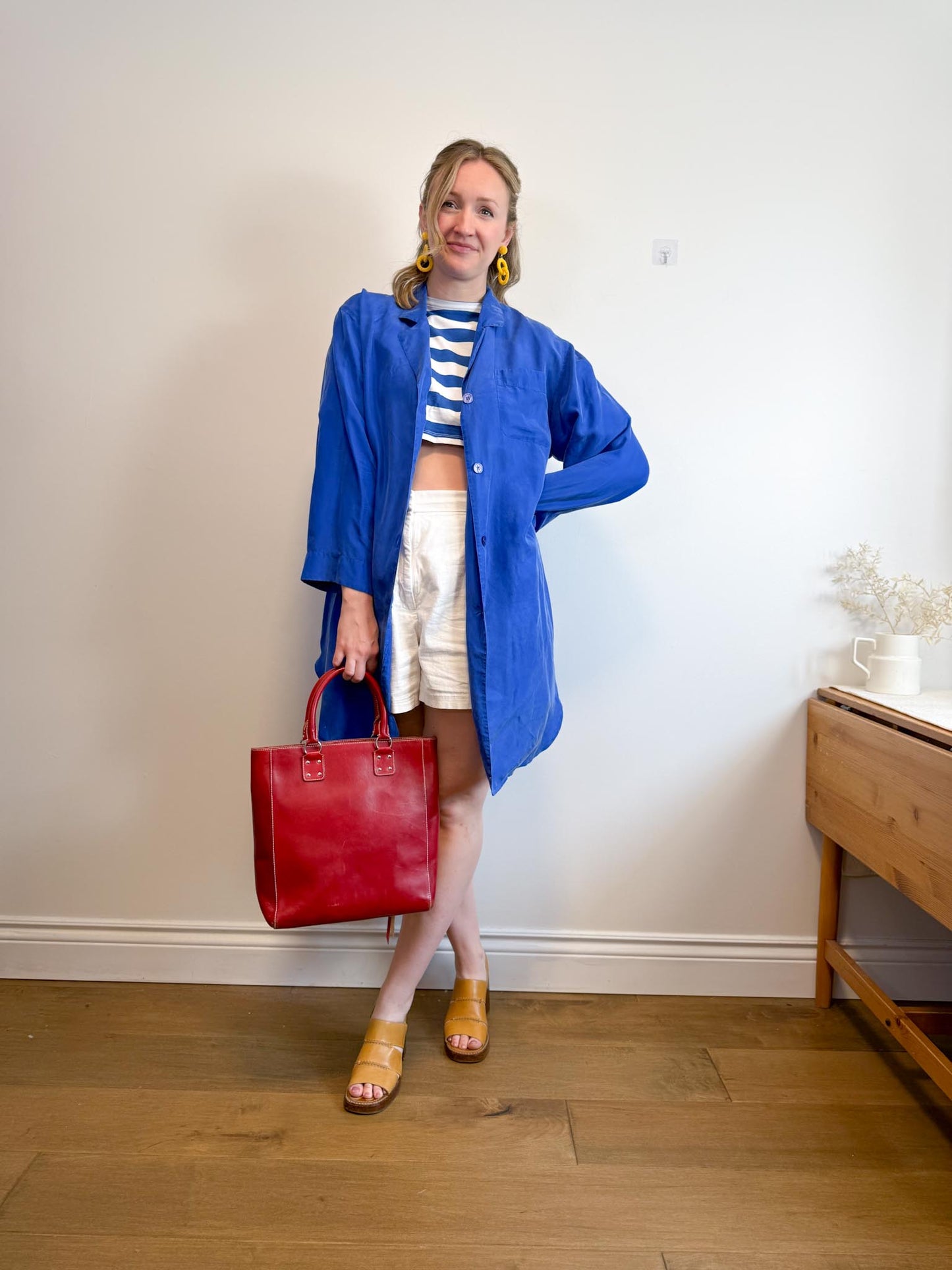 Vintage Silk Long Blouse in Royal Blue (Size M/L)