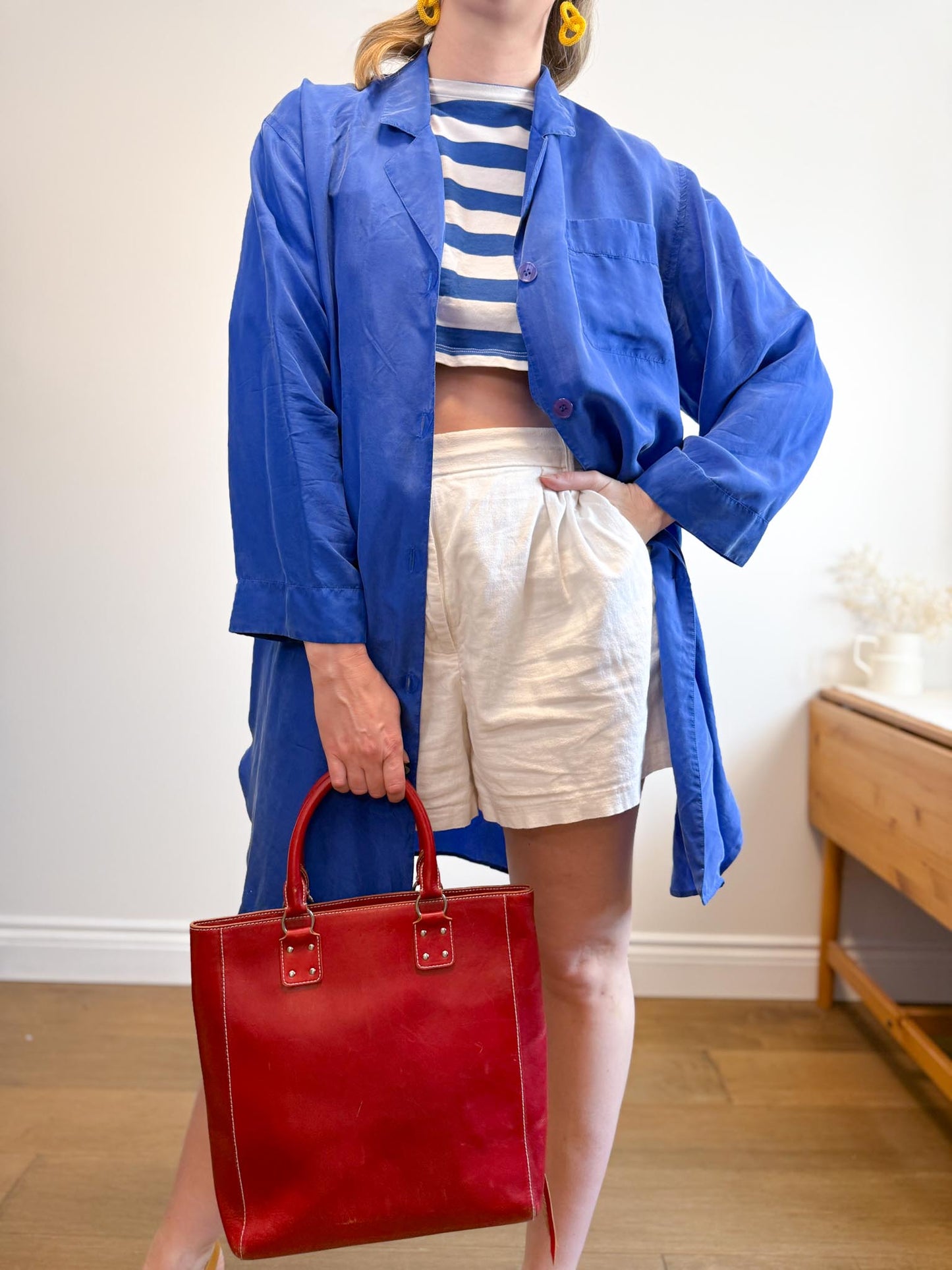Vintage Silk Long Blouse in Royal Blue (Size M/L)