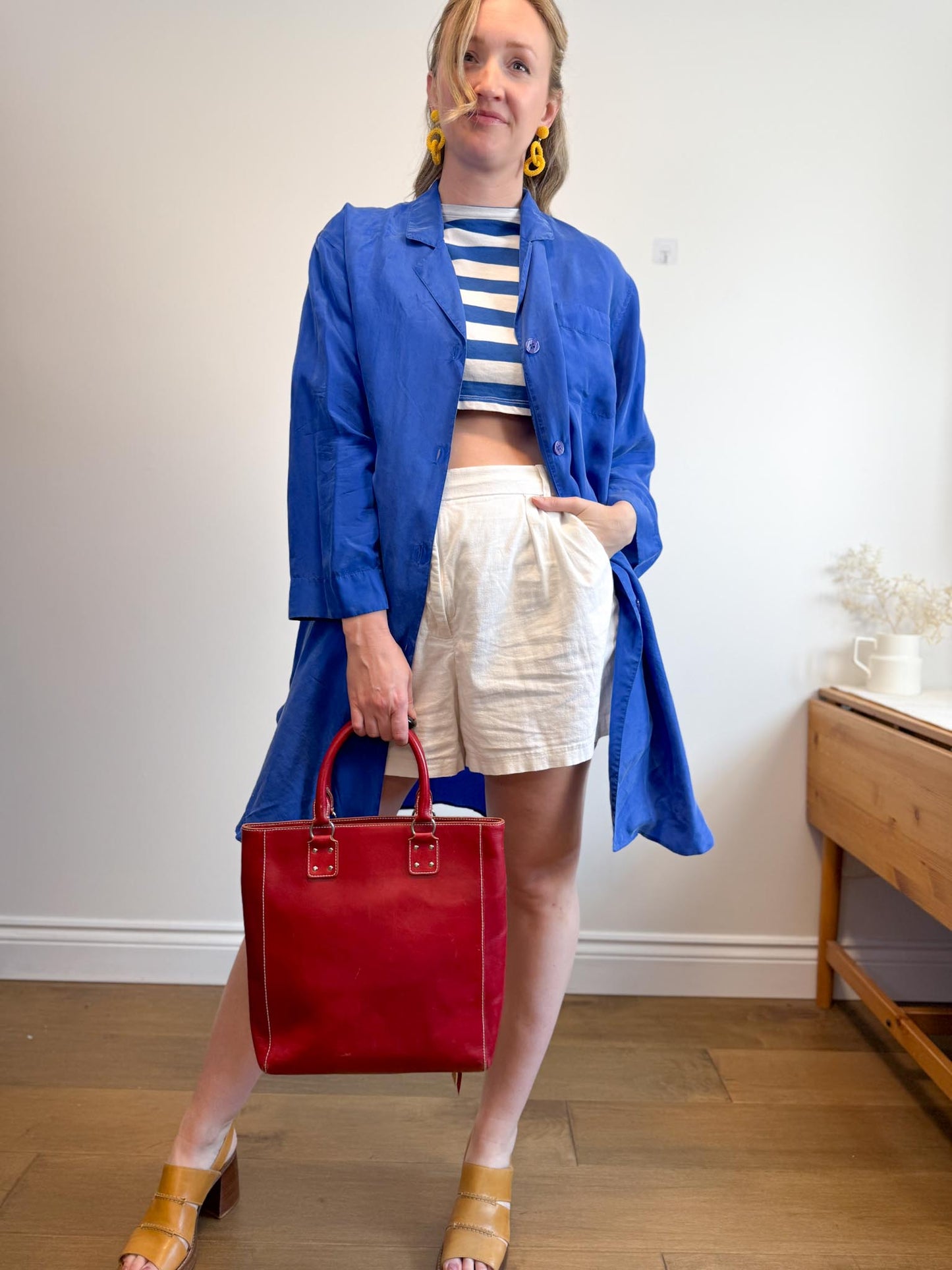 Vintage Silk Long Blouse in Royal Blue (Size M/L)