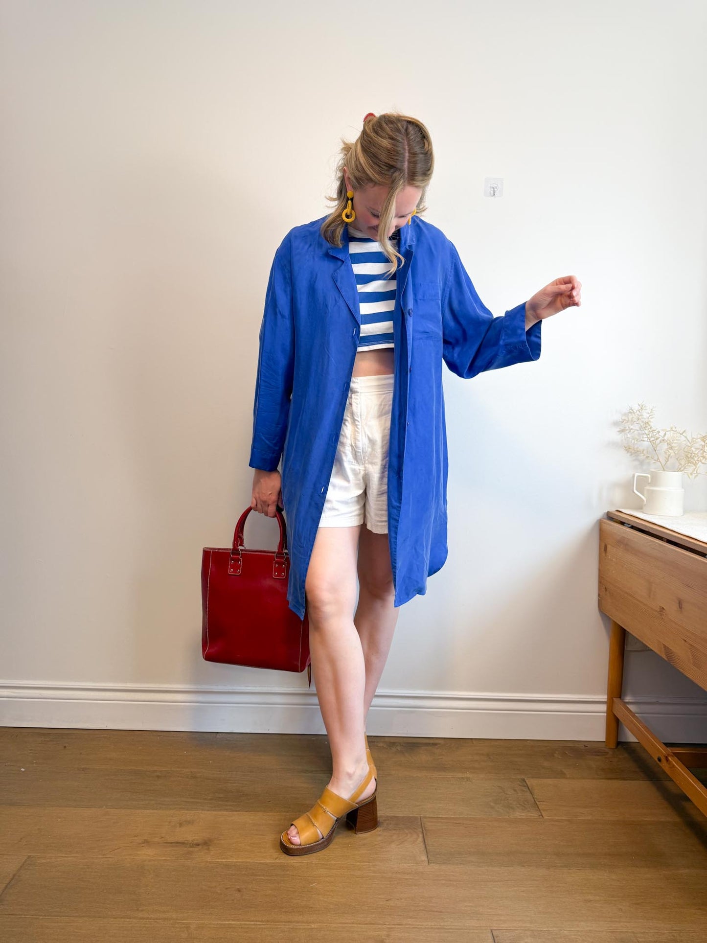 Vintage Silk Long Blouse in Royal Blue (Size M/L)