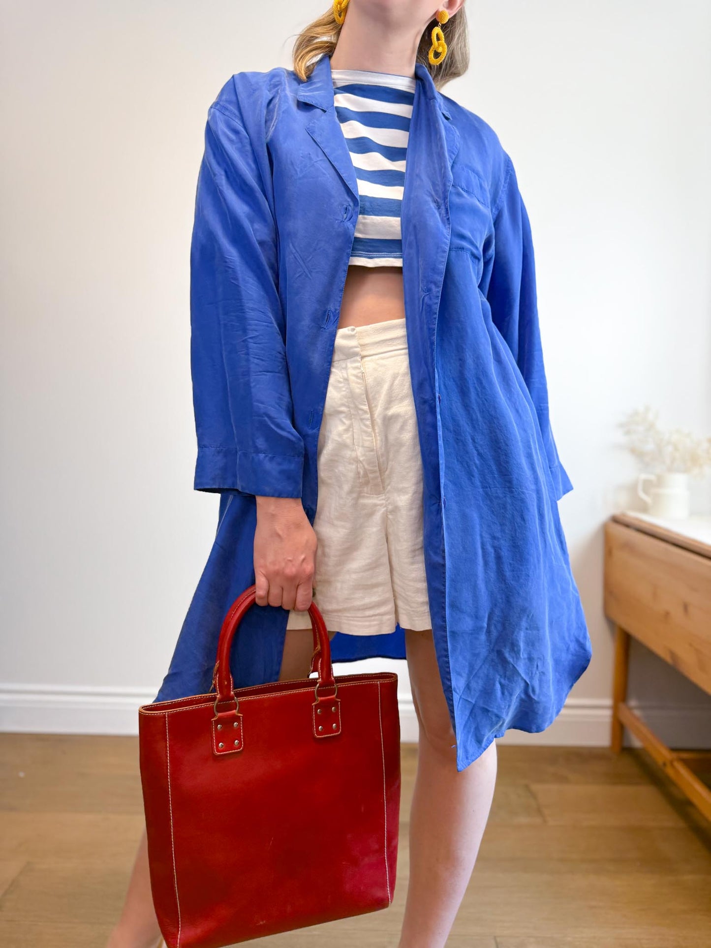 Vintage Silk Long Blouse in Royal Blue (Size M/L)