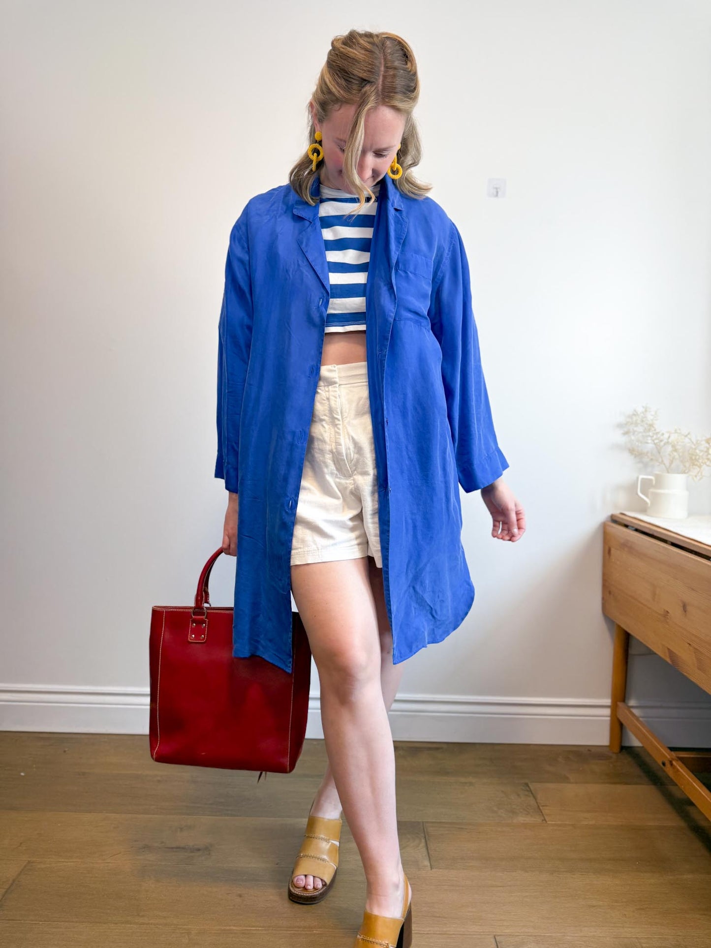 Vintage Silk Long Blouse in Royal Blue (Size M/L)