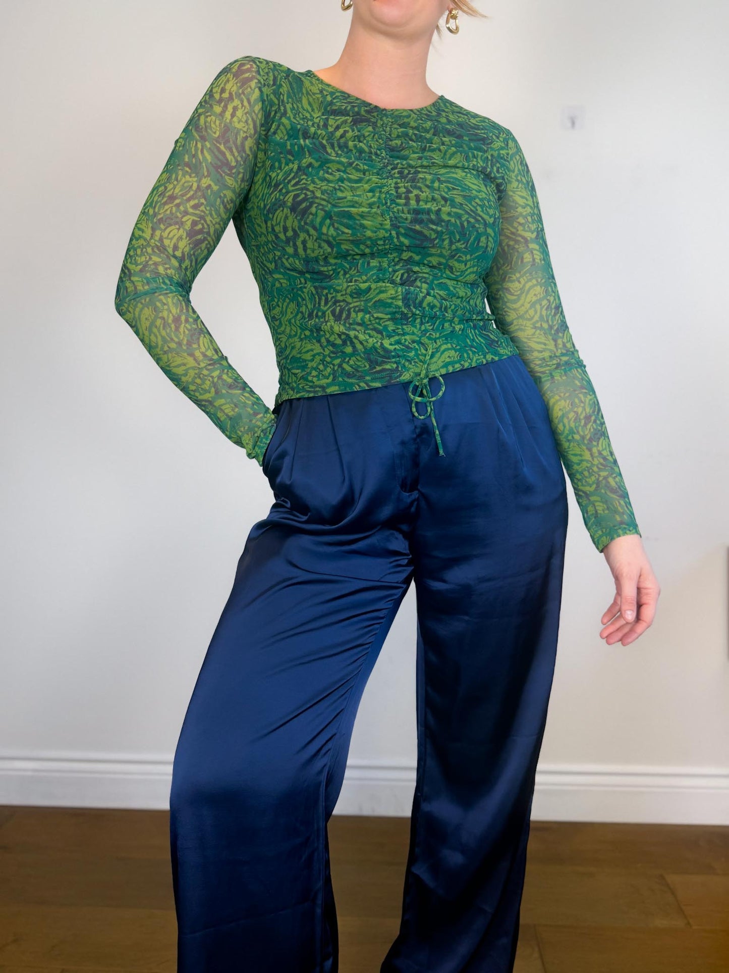 & Other Stories Sheer Top in Green Print (Size L)