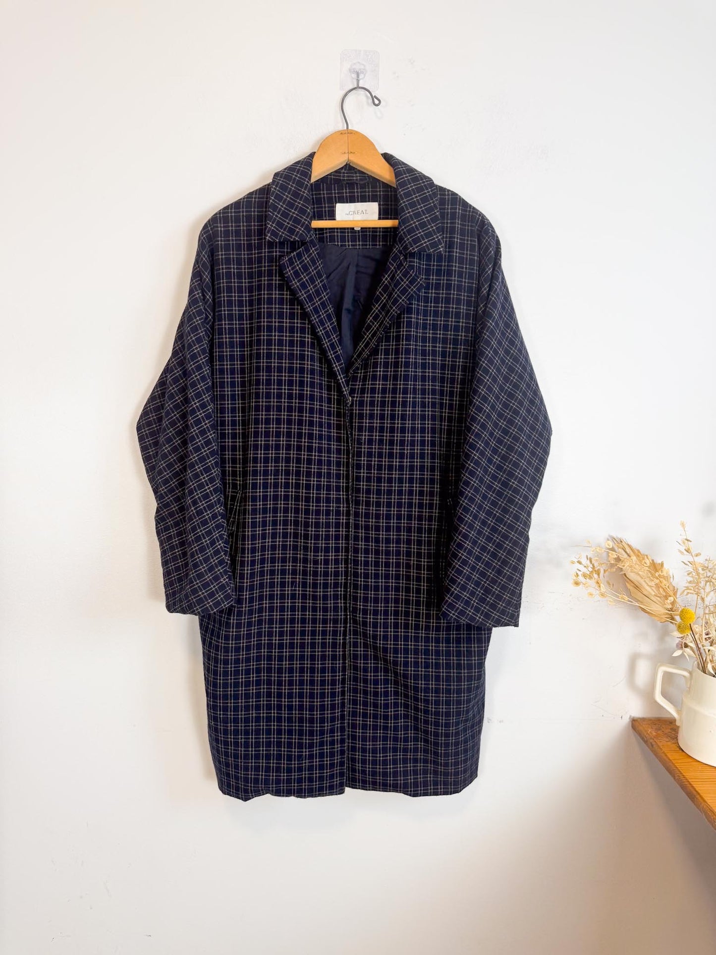 THE GREAT "The Tour Flannel Coat in Navy Checked Twill" (Size S/M)