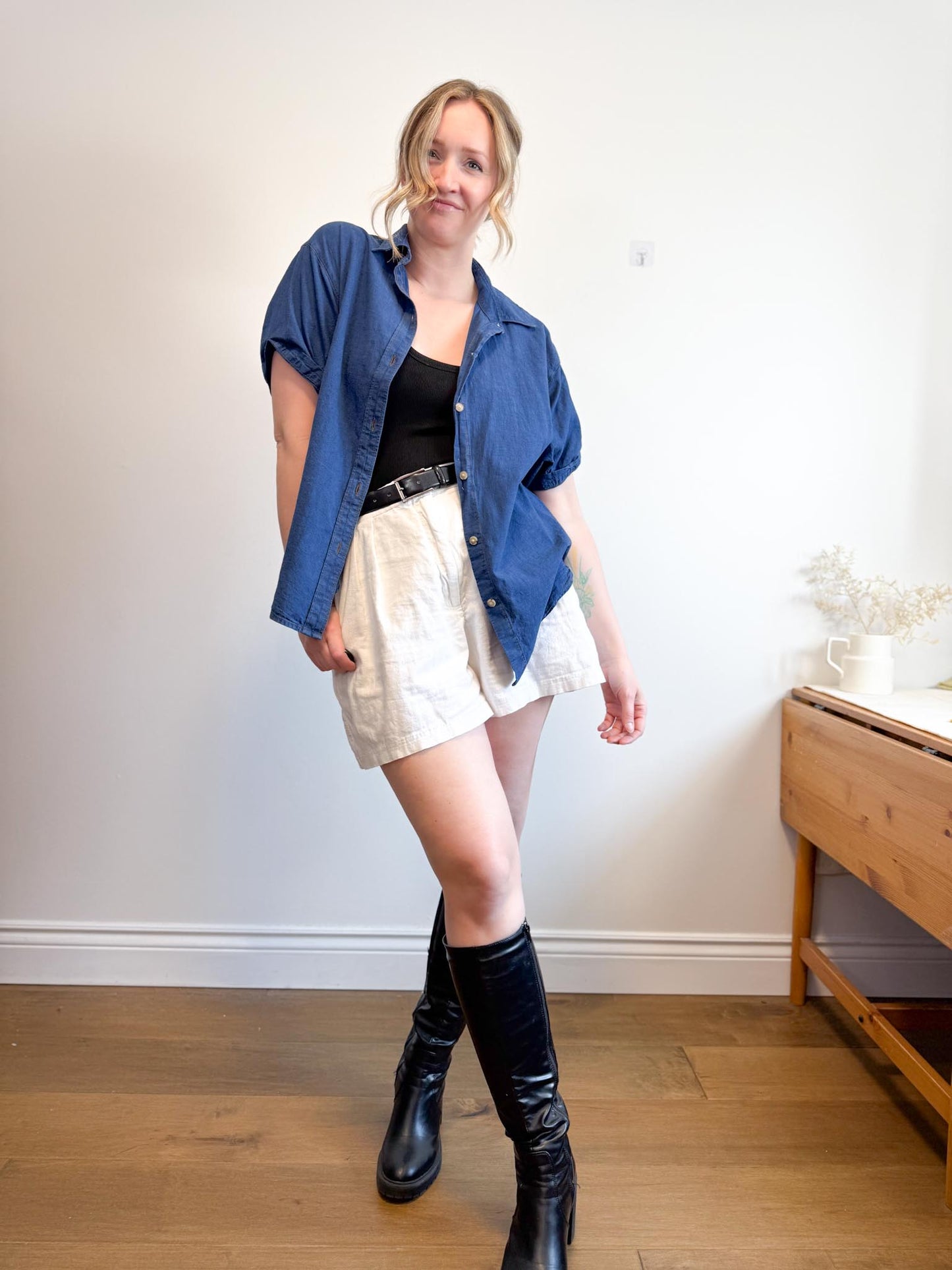 Denim Forum "The Jane Shirt" in Blue with Contrast Stitching (Size M)